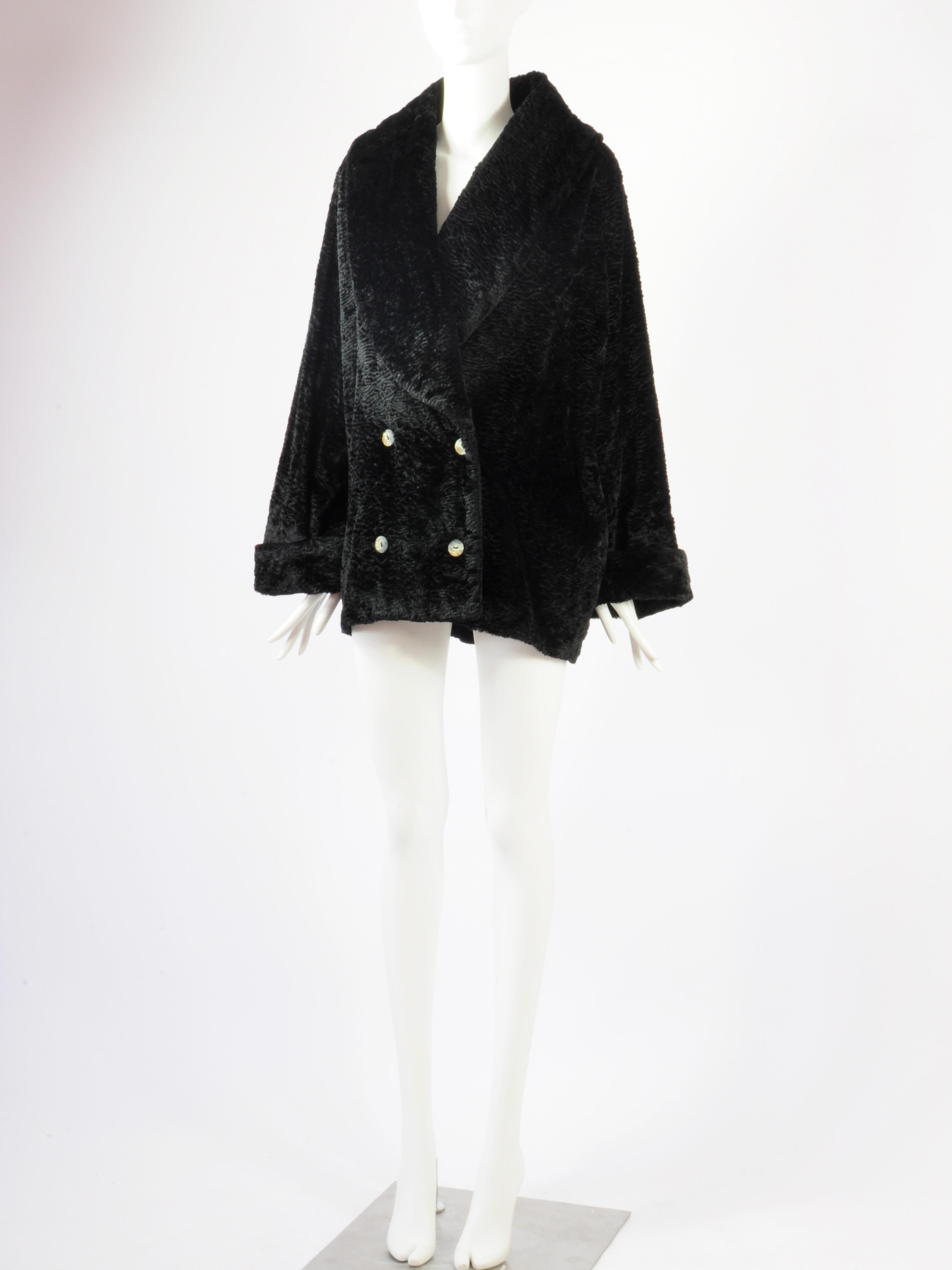 Oliver by Valentino Faux Astrakan Fur Double Breasted Coat Shawl Collar 1990s For Sale 2