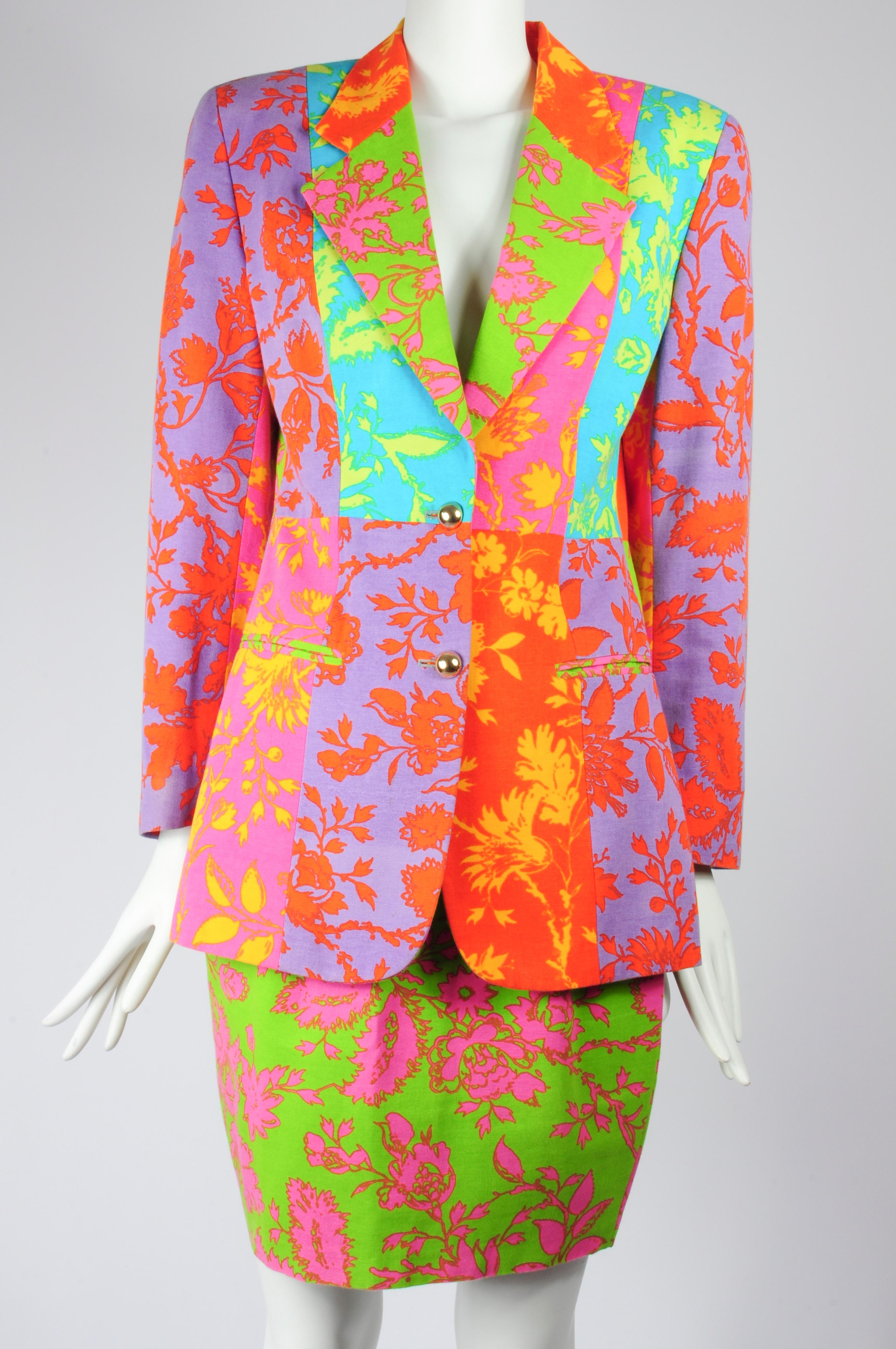 Oliver by Valentino Multicolour Floral Patchwork Pencilskirt Suit 1990s For Sale 16