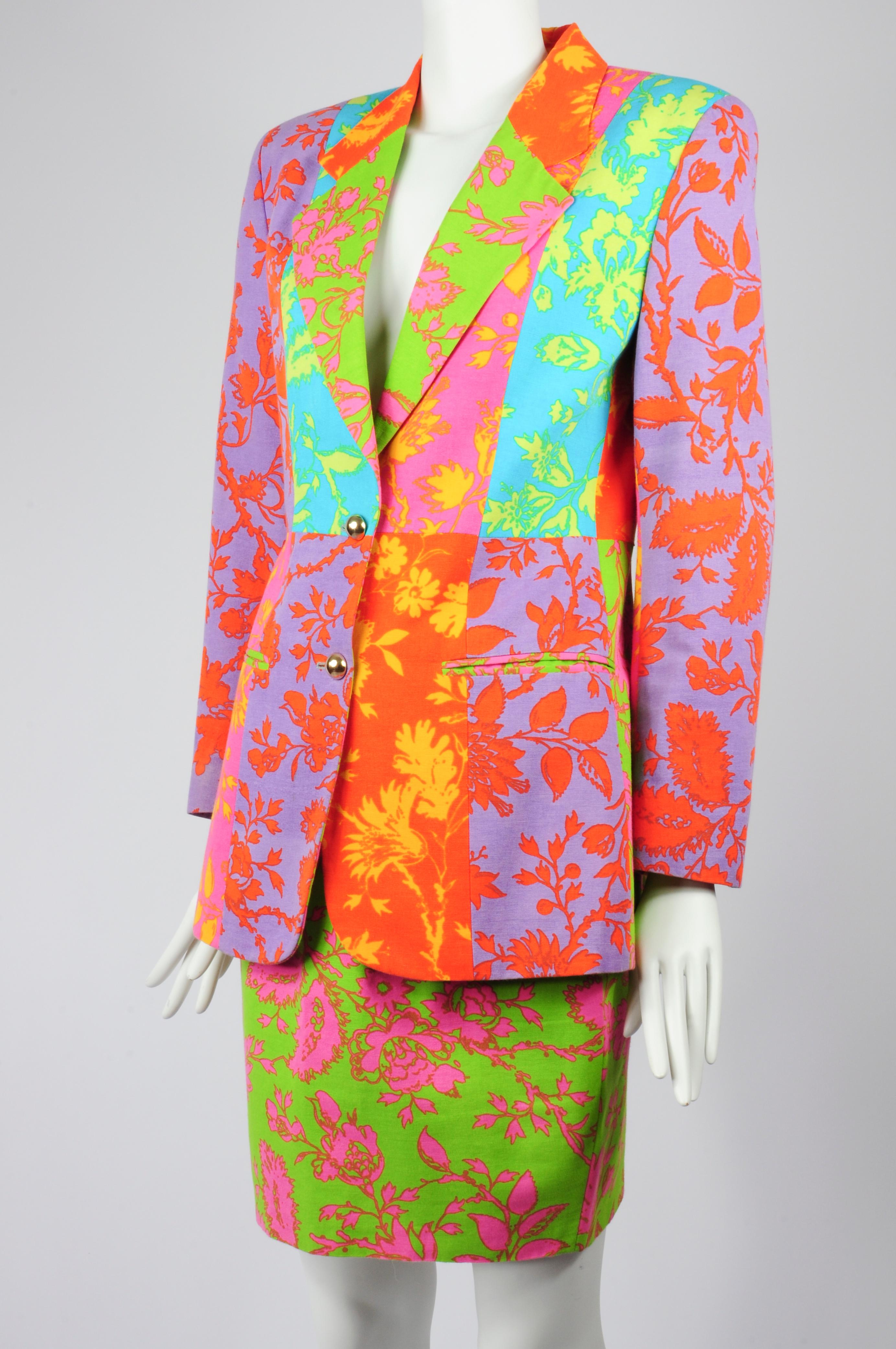 Oliver by Valentino Multicolour Floral Patchwork Pencilskirt Suit 1990s In Good Condition For Sale In AMSTERDAM, NL