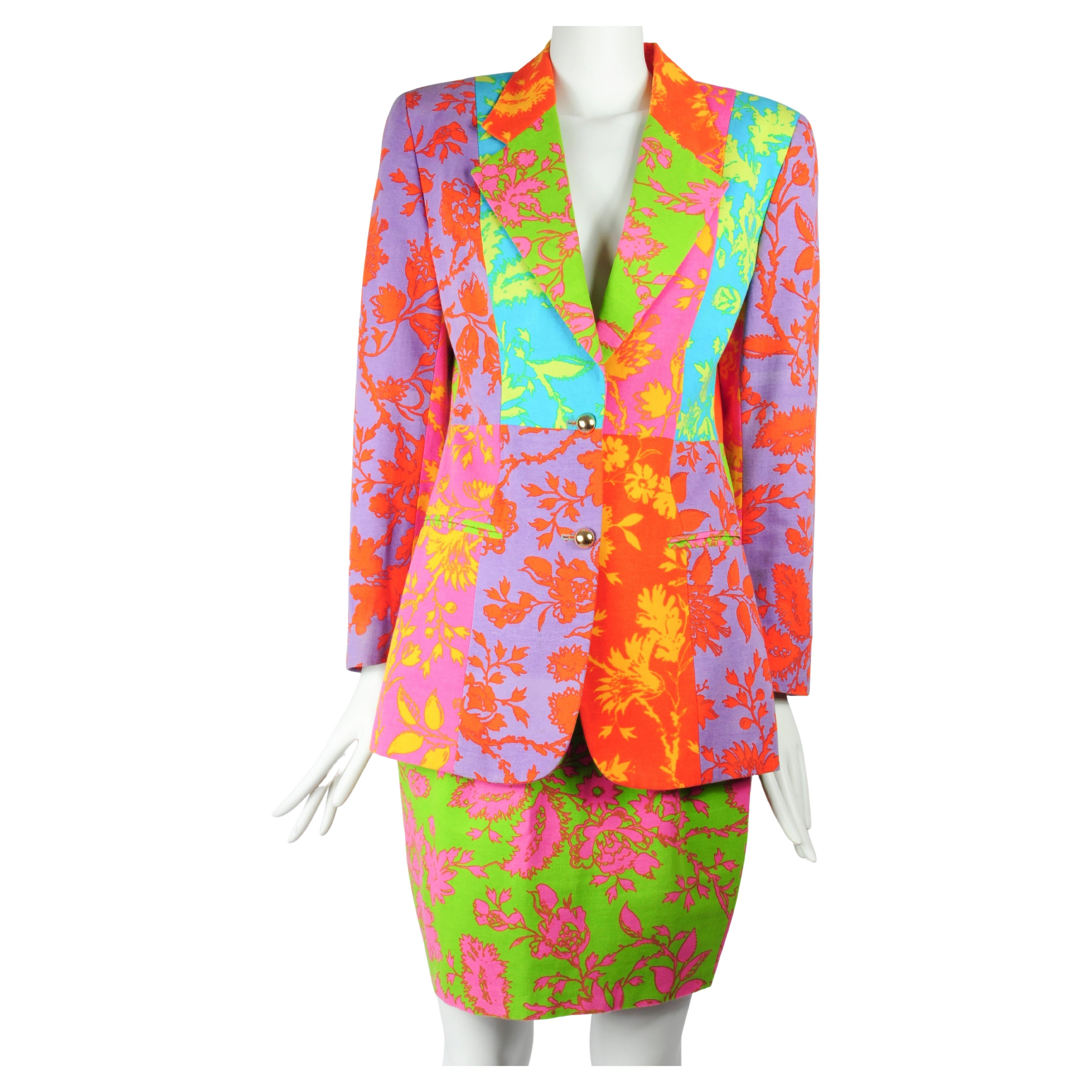 Oliver by Valentino Multicolour Floral Patchwork Pencilskirt Suit 1990s For Sale
