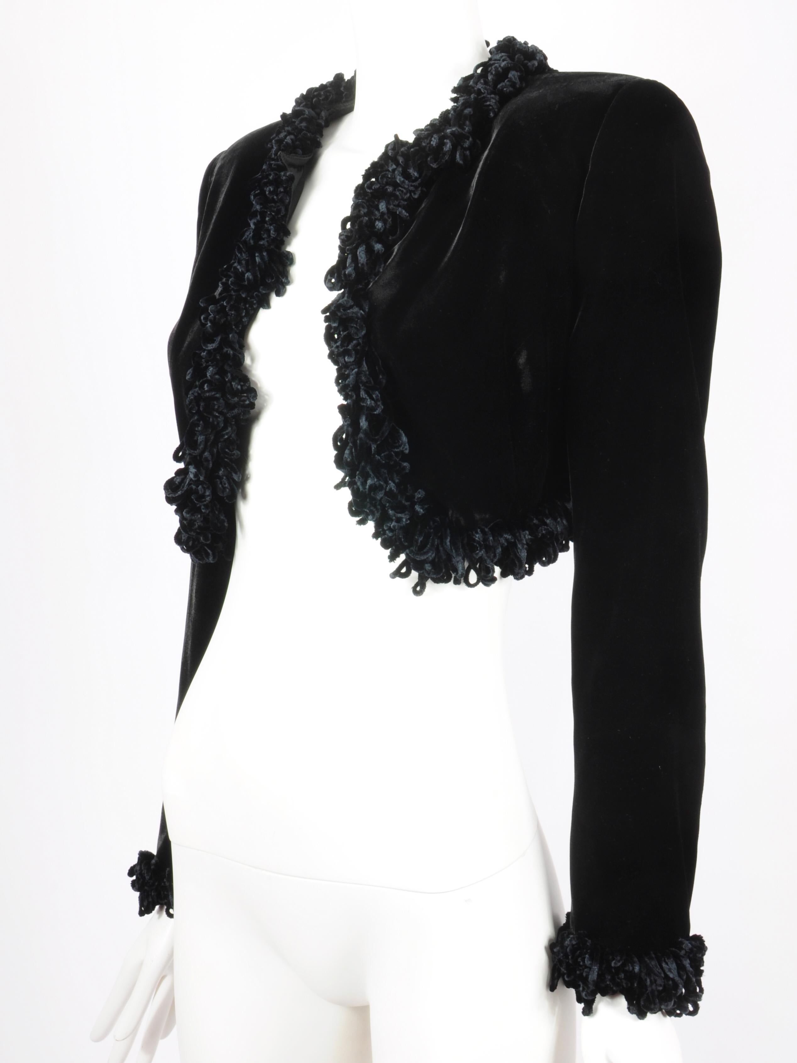 Oliver by Valentino Velvet Cropped Black Bolero Jacket Chenille Details 1990s In Excellent Condition In AMSTERDAM, NL