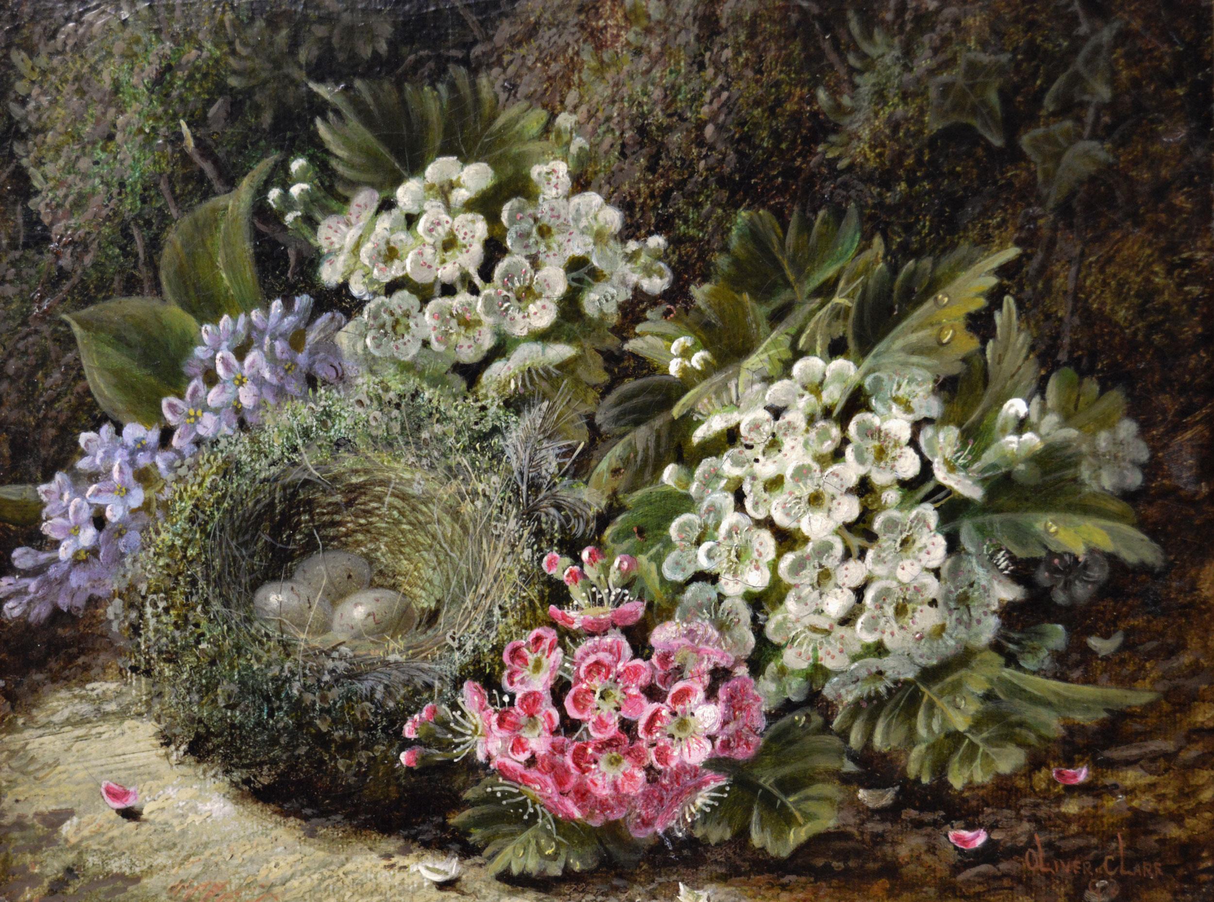 19th Century pair of still life oil paintings of birds nest with flowers & fruit - Painting by Oliver Clare