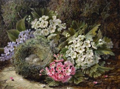 19th Century pair of still life oil paintings of birds nest with flowers & fruit
