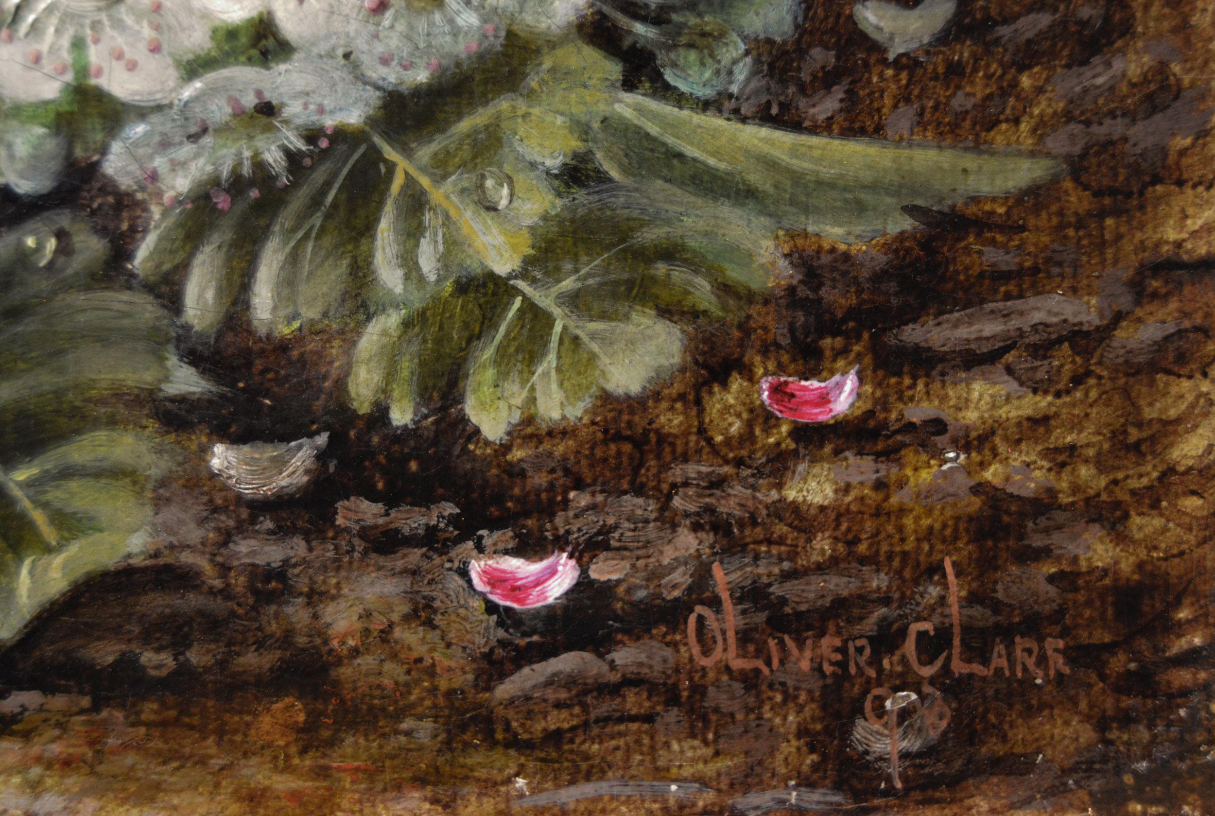 19th Century pair of still life oil paintings of birds nest with flowers & fruit - Victorian Painting by Oliver Clare
