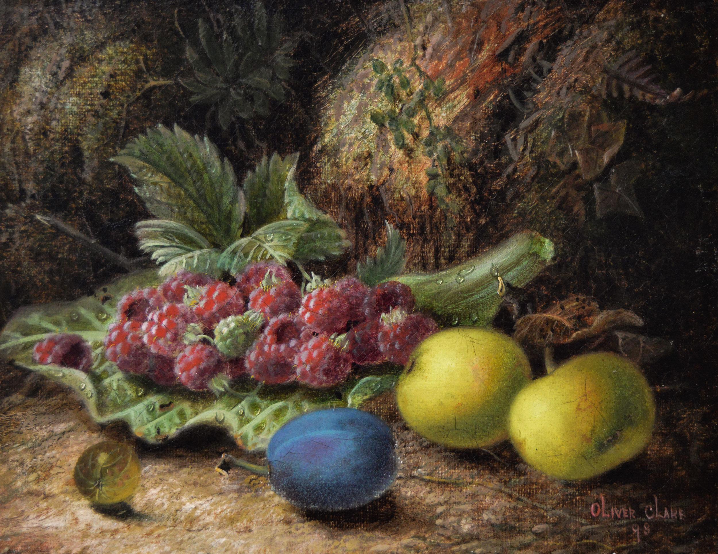 19th Century pair of still life oil paintings of birds nest with flowers & fruit - Brown Still-Life Painting by Oliver Clare