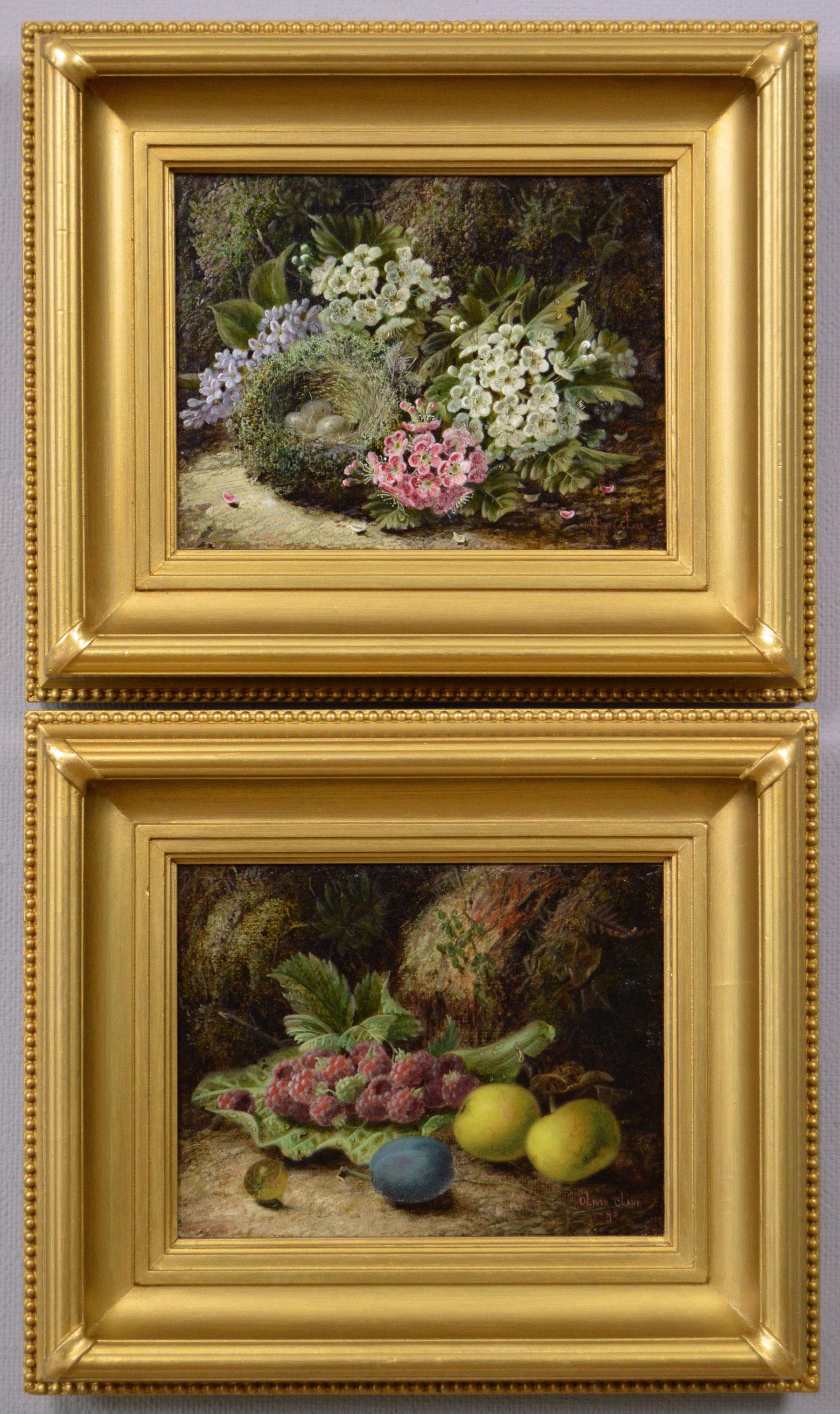 Oliver Clare Still-Life Painting - 19th Century pair of still life oil paintings of birds nest with flowers & fruit