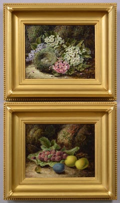 19th Century pair of still life oil paintings of birds nest with flowers & fruit