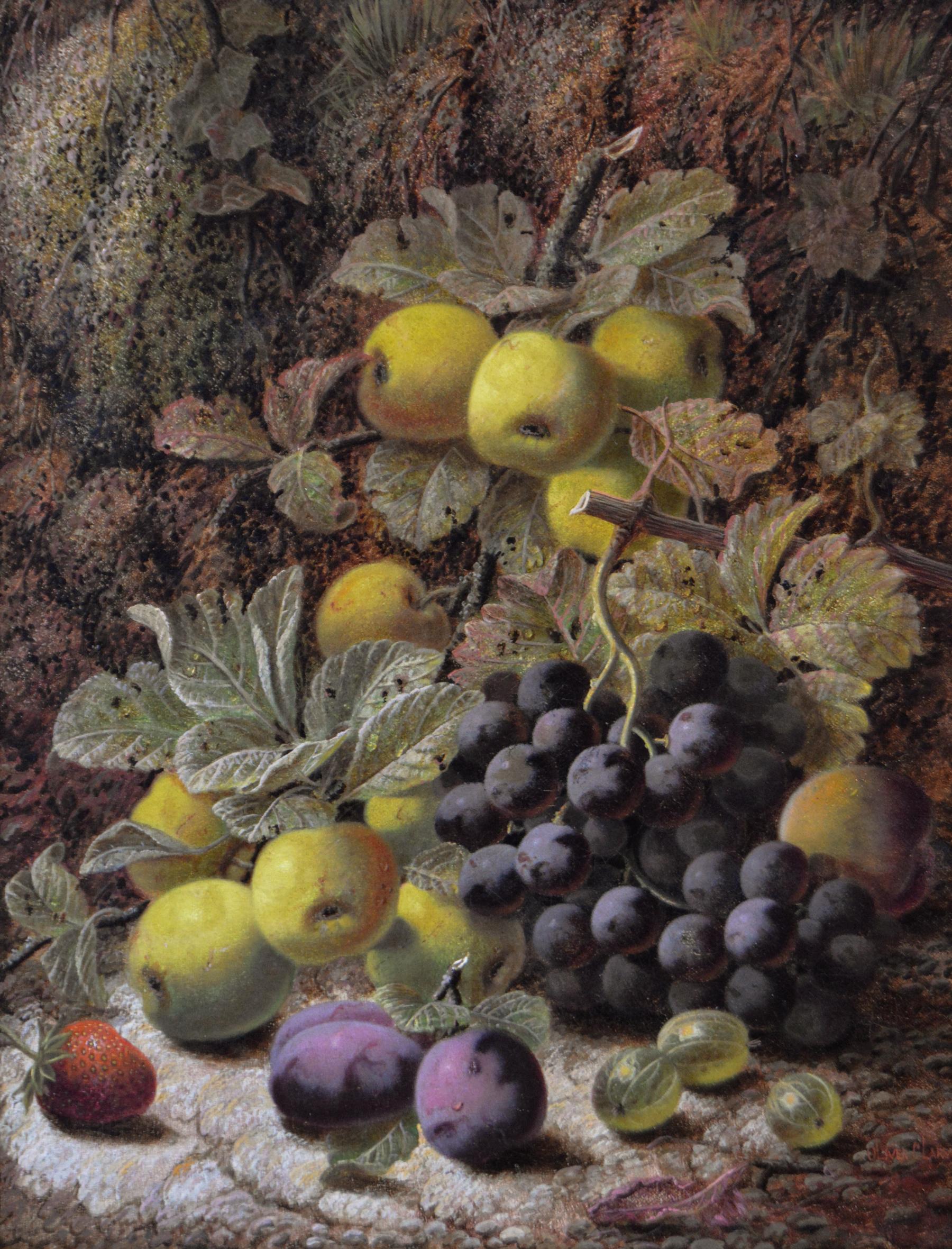 Bodegón al óleo del siglo XIX de manzanas, uvas y otras frutas - Painting de Oliver Clare