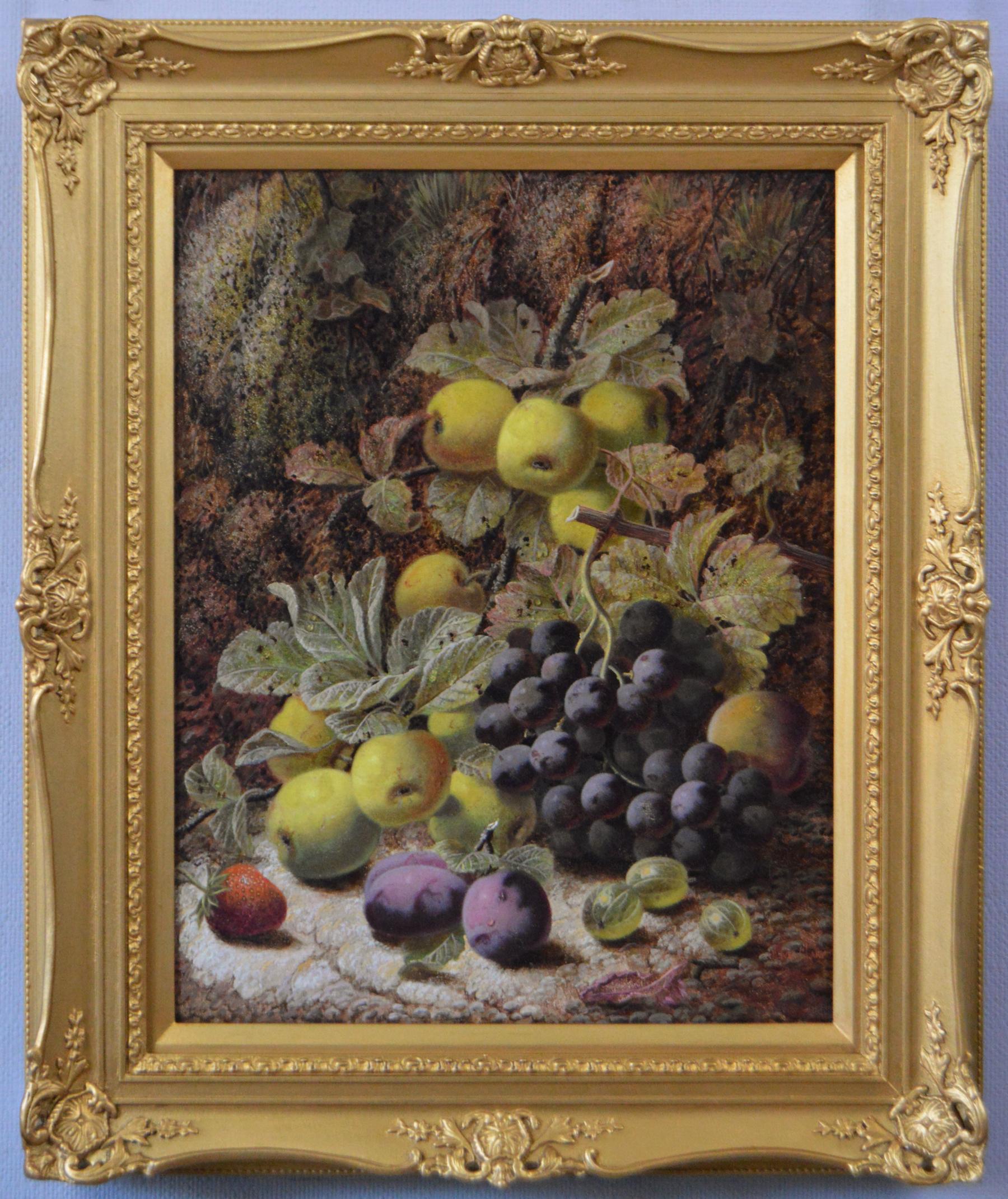 19th Century still life oil painting of apples, grapes & other fruit