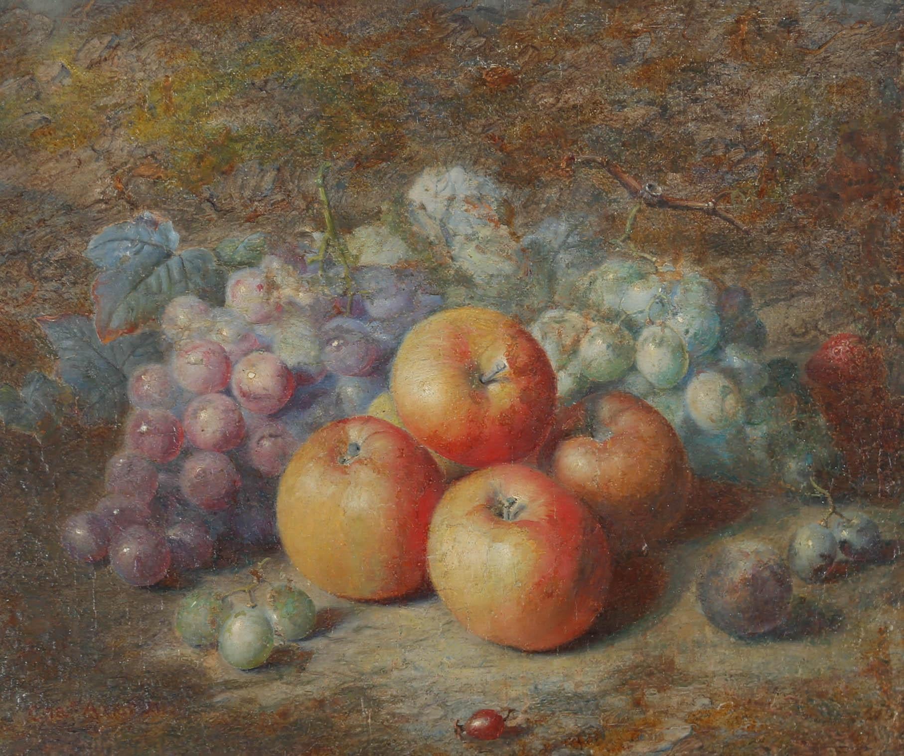A highly finished and precisely painted still life of apples and grapes, in the style of renowned still life artist Oliver Clare (1853-1927). The oil is indistinctly signed to the lower left.
On canvas on stretchers.