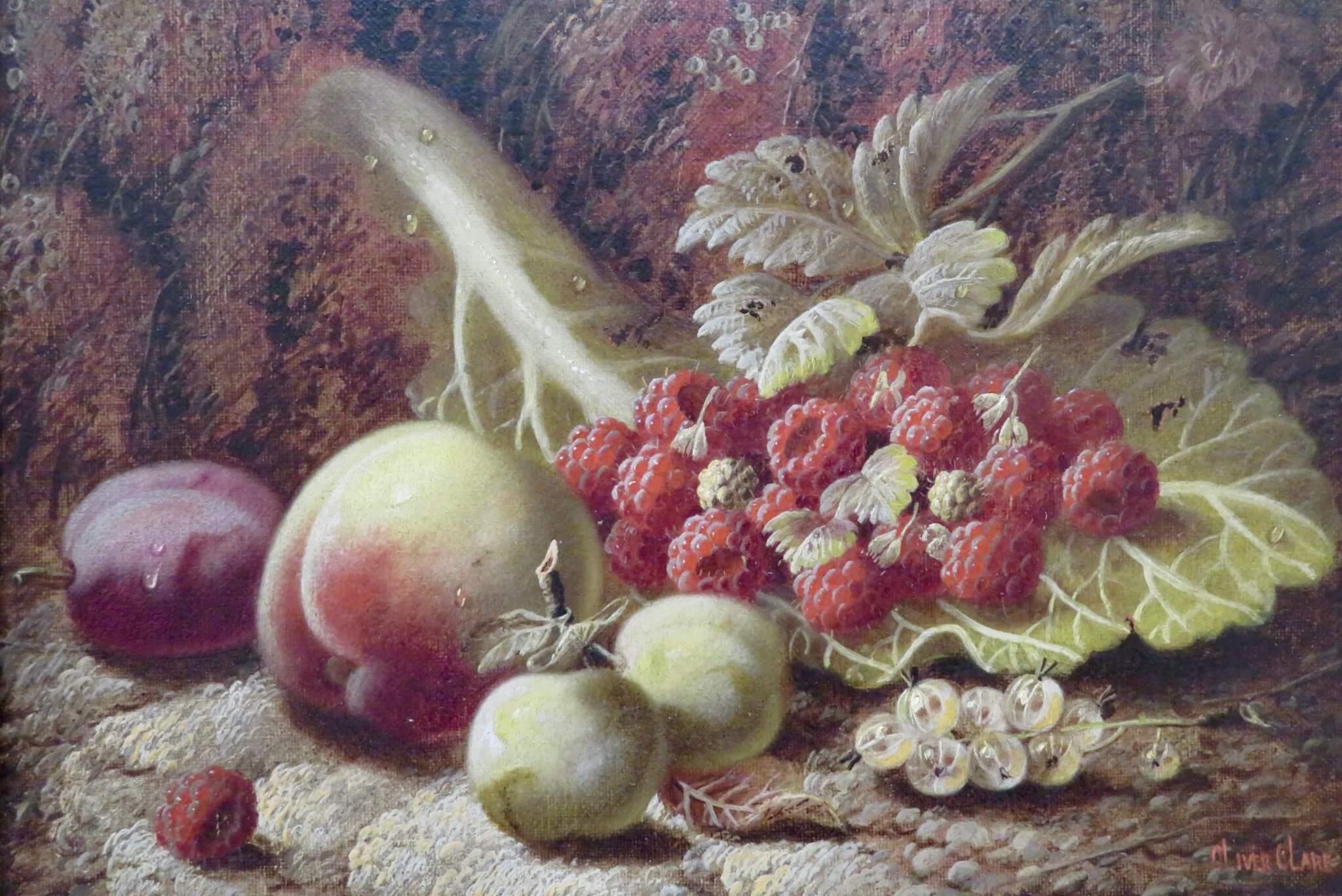 English 19th Century Antique Oil On Canvas Still Life Fruit On A Mossy Bank  - Painting by Oliver Clare