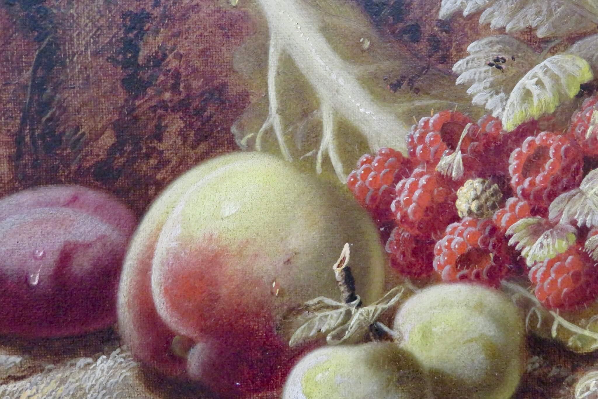 English 19th Century Antique Oil On Canvas Still Life Fruit On A Mossy Bank  - Brown Still-Life Painting by Oliver Clare