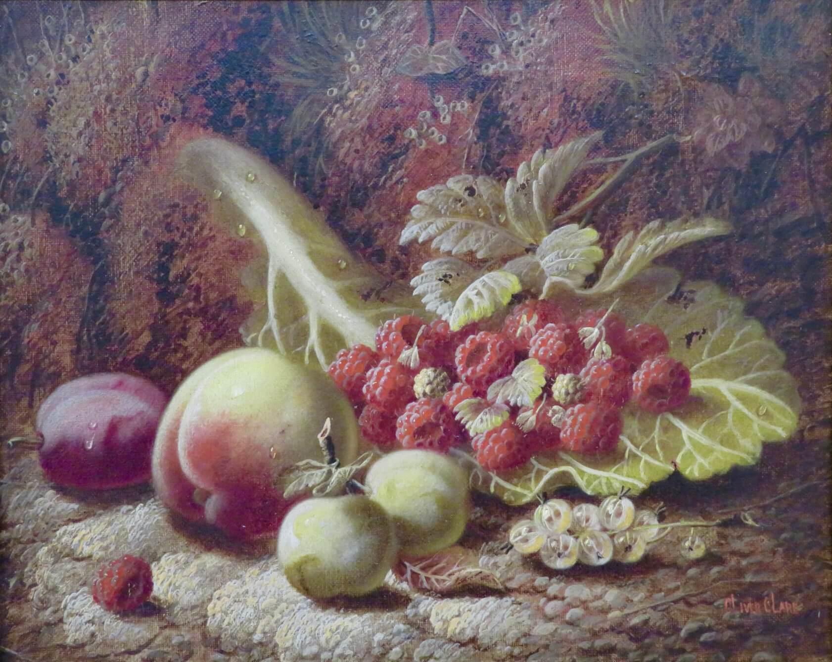 English 19th Century Antique Oil On Canvas Still Life Fruit On A Mossy Bank  1