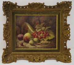 English 19th Century Antique Oil On Canvas Still Life Fruit On A Mossy Bank 