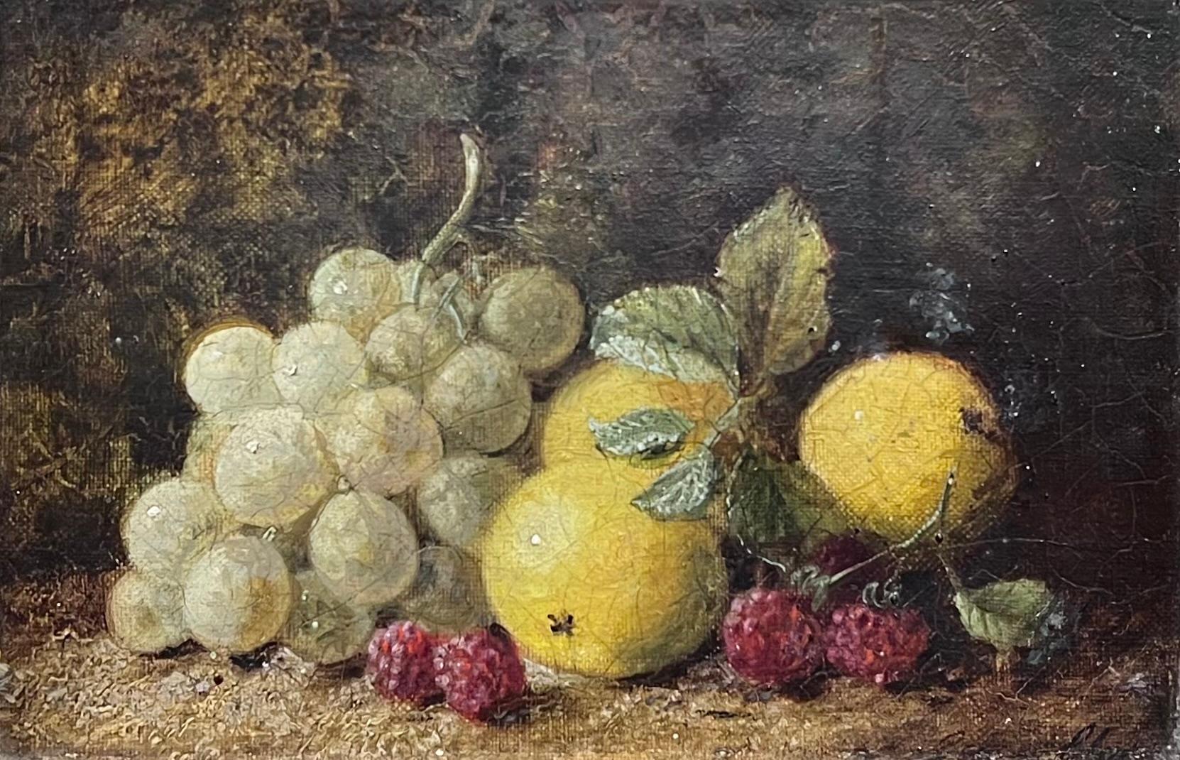 Fino bodegón inglés victoriano de frutas Uvas, limones y frambuesas Pintura al óleo - Painting de Oliver Clare