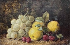 Raffinata natura morta di frutta inglese vittoriana Pittura a olio con uva, limoni e lamponi
