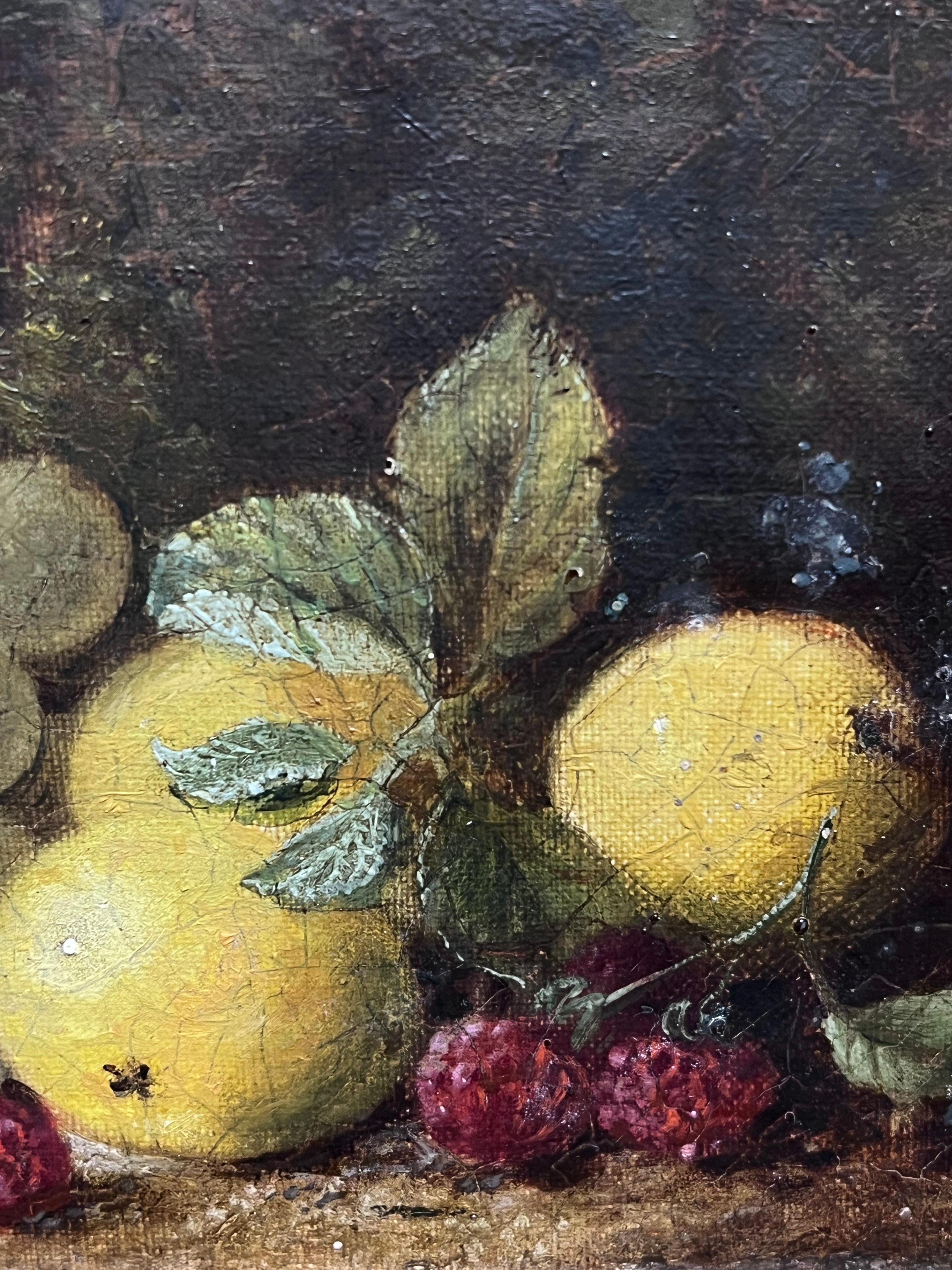 Fino bodegón inglés victoriano de frutas Uvas, limones y frambuesas Pintura al óleo - Painting Victoriano de Oliver Clare