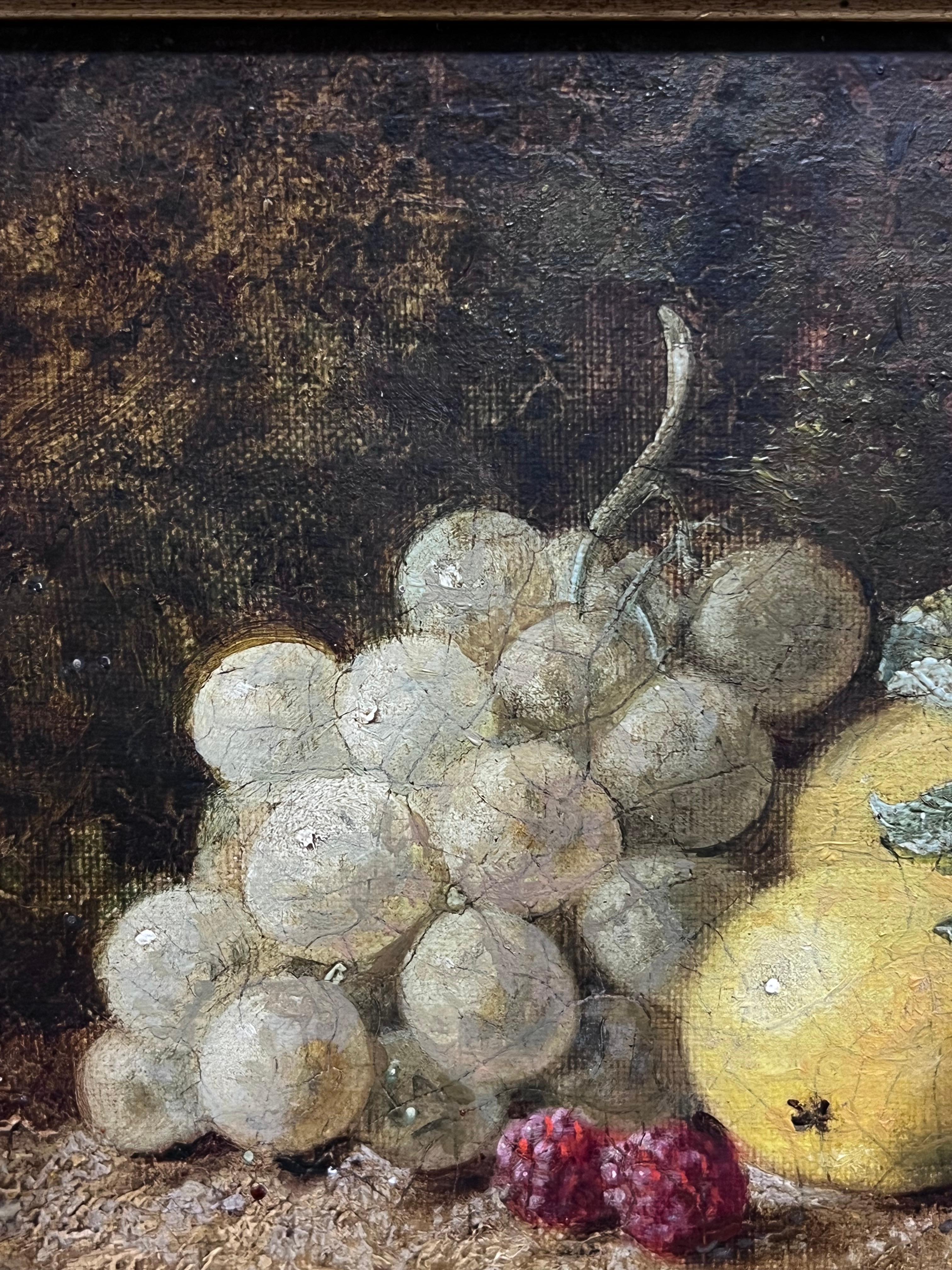 Fino bodegón inglés victoriano de frutas Uvas, limones y frambuesas Pintura al óleo - Interior Painting Negro de Oliver Clare
