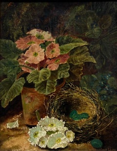 Raffinata natura morta inglese vittoriana dipinta ad olio Nido d'uccelli Terra muschiosa e fiori