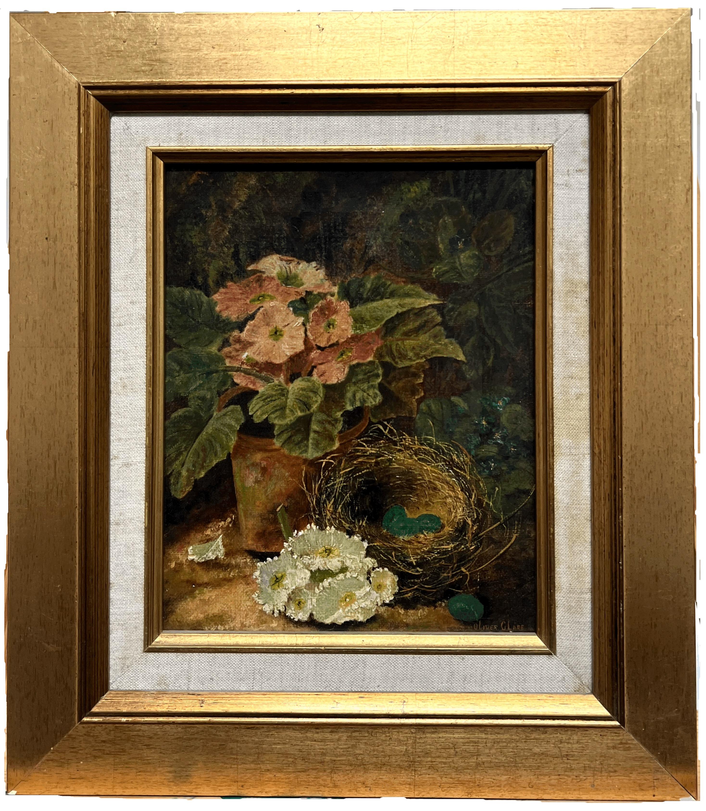 Raffinata natura morta inglese vittoriana dipinta ad olio Nido d'uccelli Terra muschiosa e fiori - Painting Vittoriano di Oliver Clare