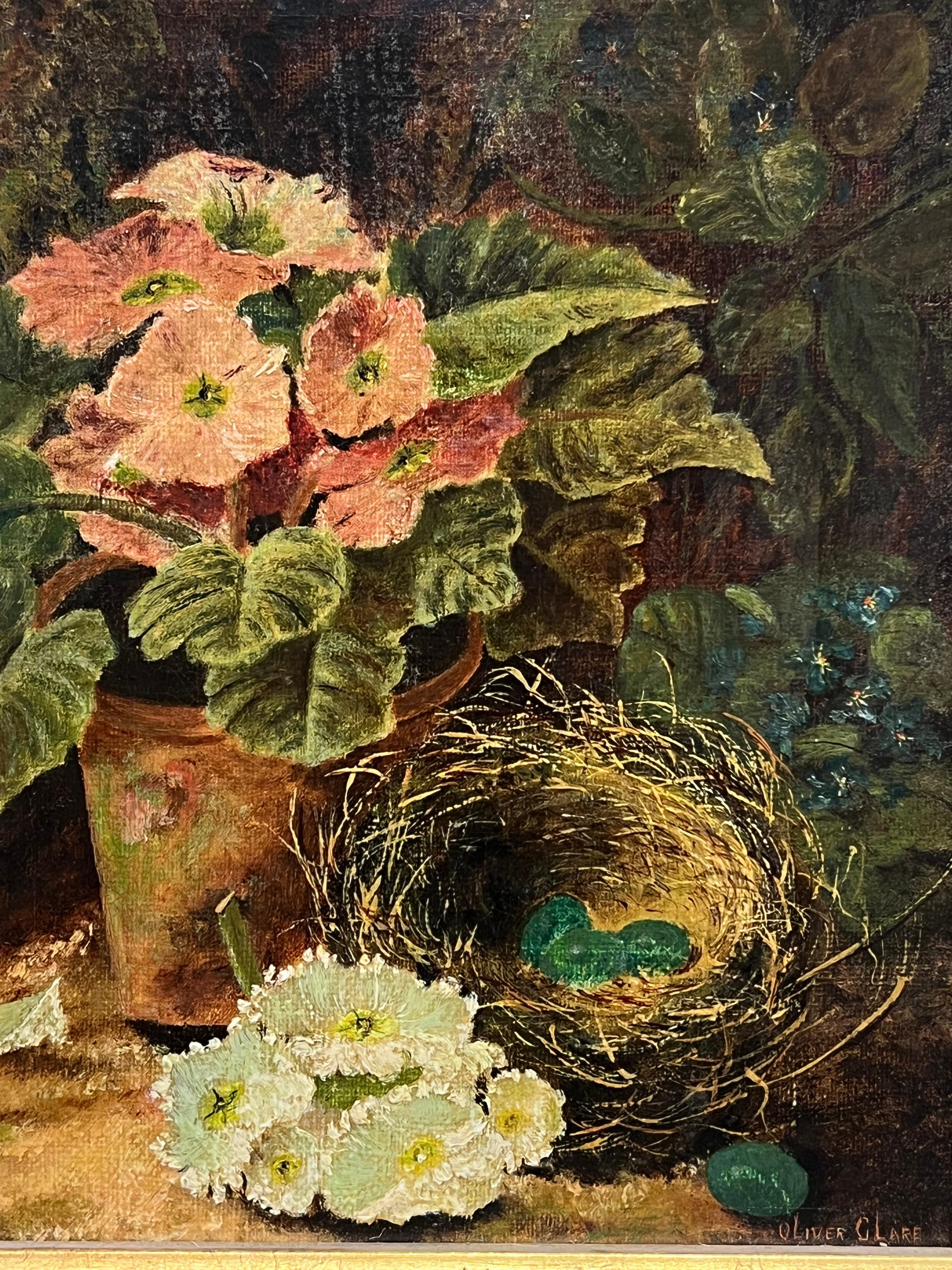 Raffinata natura morta inglese vittoriana dipinta ad olio Nido d'uccelli Terra muschiosa e fiori - Landscape Painting Marrone di Oliver Clare
