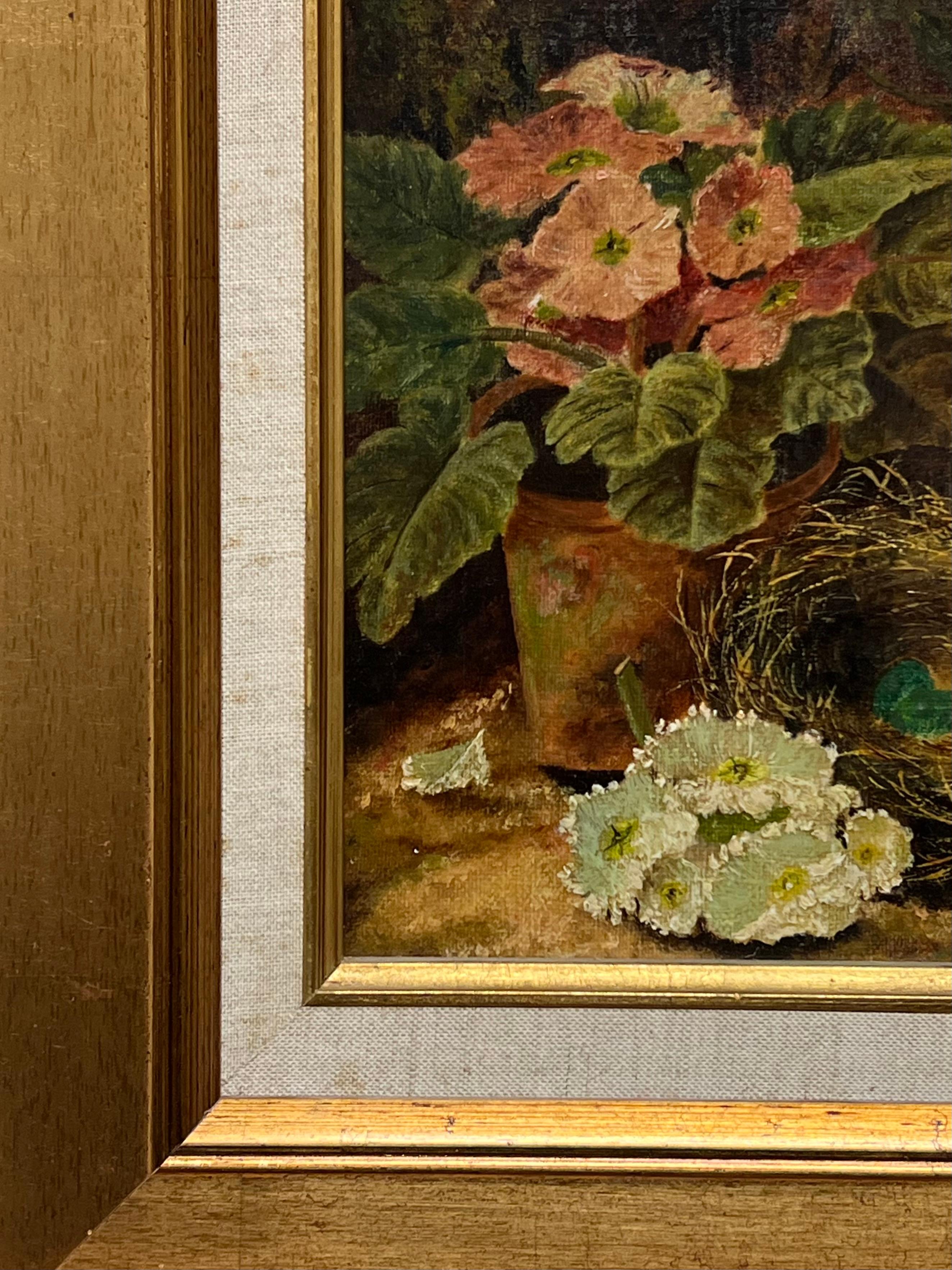 Fiori e nidi di uccelli
di Oliver Clare (Inglese, 1853-1927)
firmato in basso a destra
olio su tela, incorniciato
incorniciato: 15,5 x 13,5 pollici
tela: 8 x 5,5 pollici
Provenienza: collezione privata, Surrey, Inghilterra
Condizioni: ottime