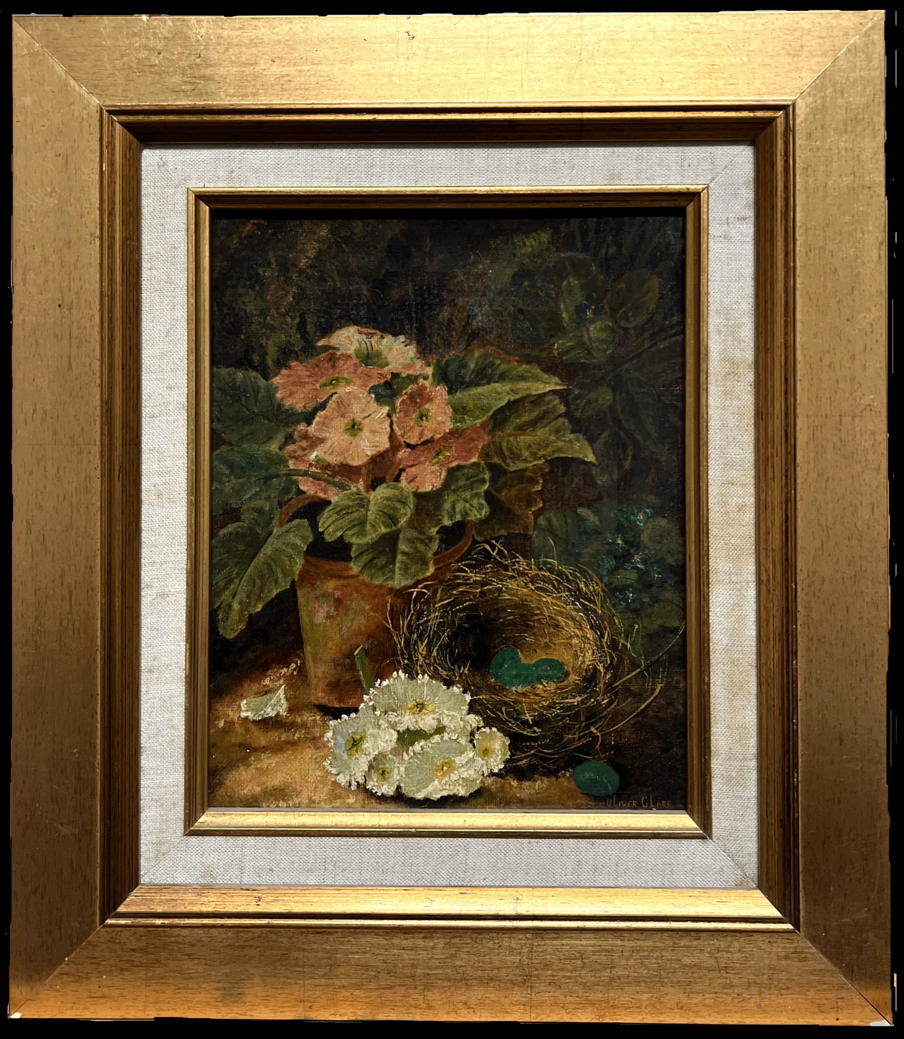 Fino bodegón inglés victoriano Pintura al óleo Nido de pájaros Tierra musgosa y flores