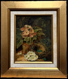 Fino bodegón inglés victoriano Pintura al óleo Nido de pájaros Tierra musgosa y flores
