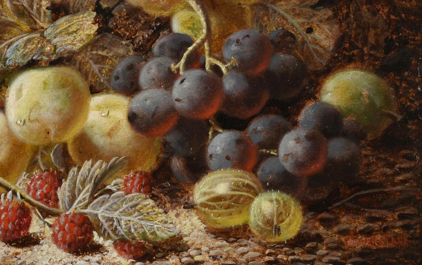Still Life of Fruit on a Mossy Bank
by Oliver Clare (British 1853-1927)
signed lower right
oil painting on board: 6.5 x 9.25 inches
framed: 13 x 16 inches
condition: excellent
provenance: private collection, UK