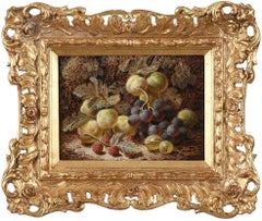 Fine peinture à l'huile victorienne Raisins Pommes Framboises sur banc moussu Nature morte
