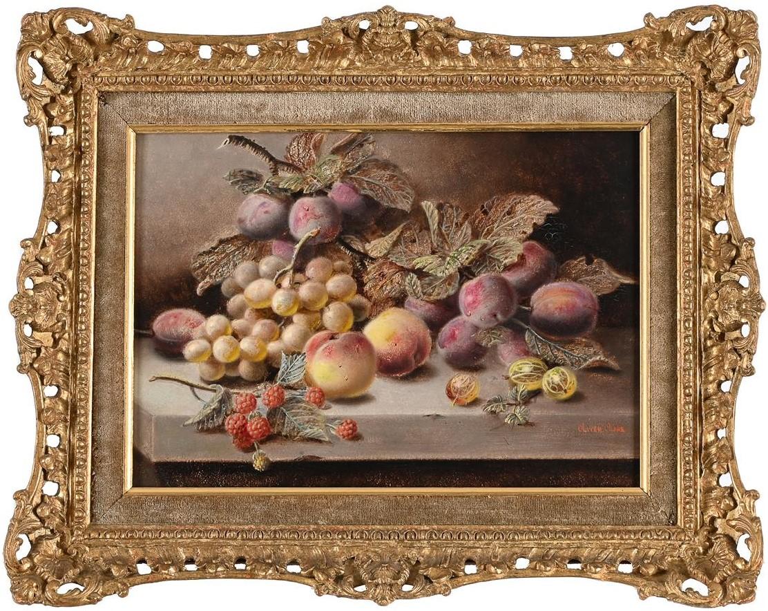 Oliver Clare Landscape Painting - Fine Victorian Oil Painting Plums Grapes Peaches Gooseberries Still Life