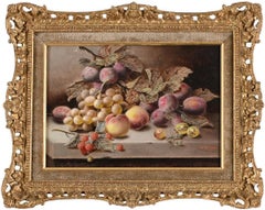 Fine Victorian Oil Painting Plums Grapes Peaches Gooseberries Still Life
