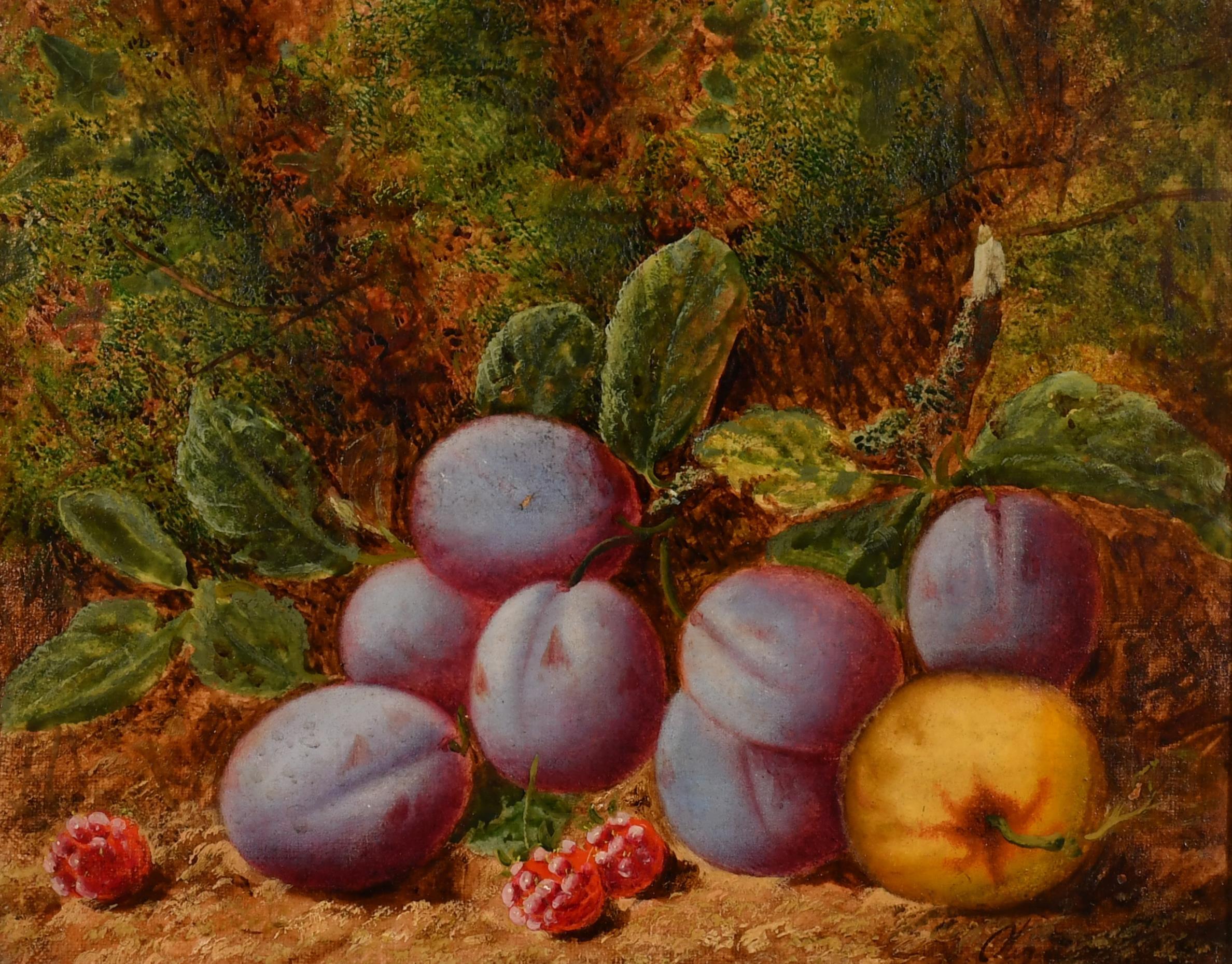 Viktorianisches Ölgemälde, Pflaumen, Himbeeren, Himbeeren und Quince, Stillleben, viktorianisch – Painting von Oliver Clare