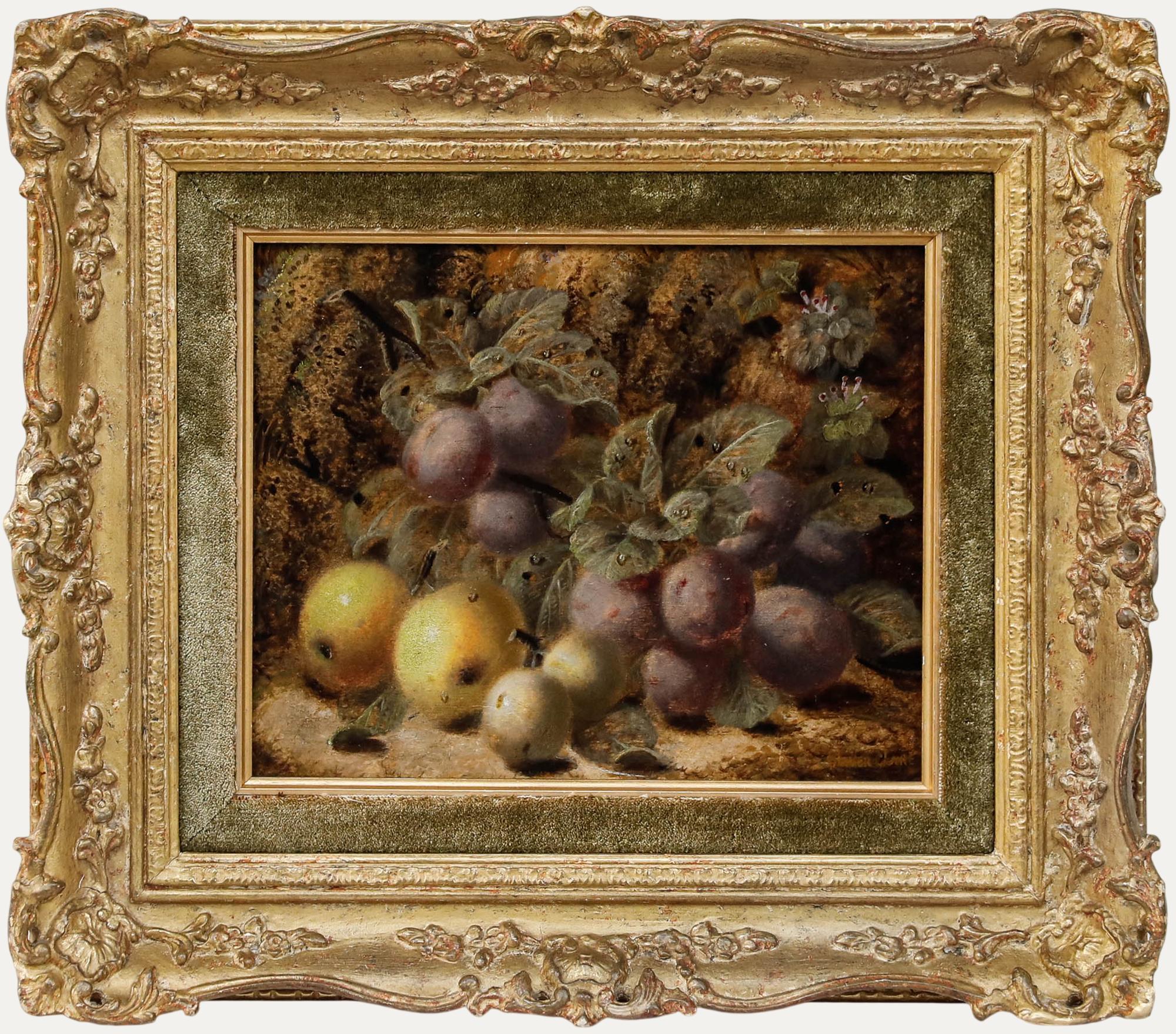 Oliver Clare (1853-1927) - Olio della fine del XIX secolo, Natura morta con prugne