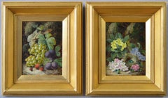 Pair of 19th Century still life oil paintings of fruit & birds nest with flowers