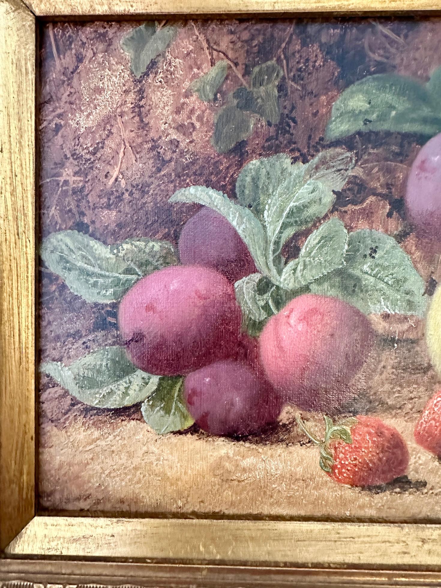 Coppia di nature morte vittoriane di frutta e fiori su un paesaggio di argini muschiosi 5