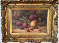 Pair of Victorian still lives of fruit and flowers on a mossy bank landscape