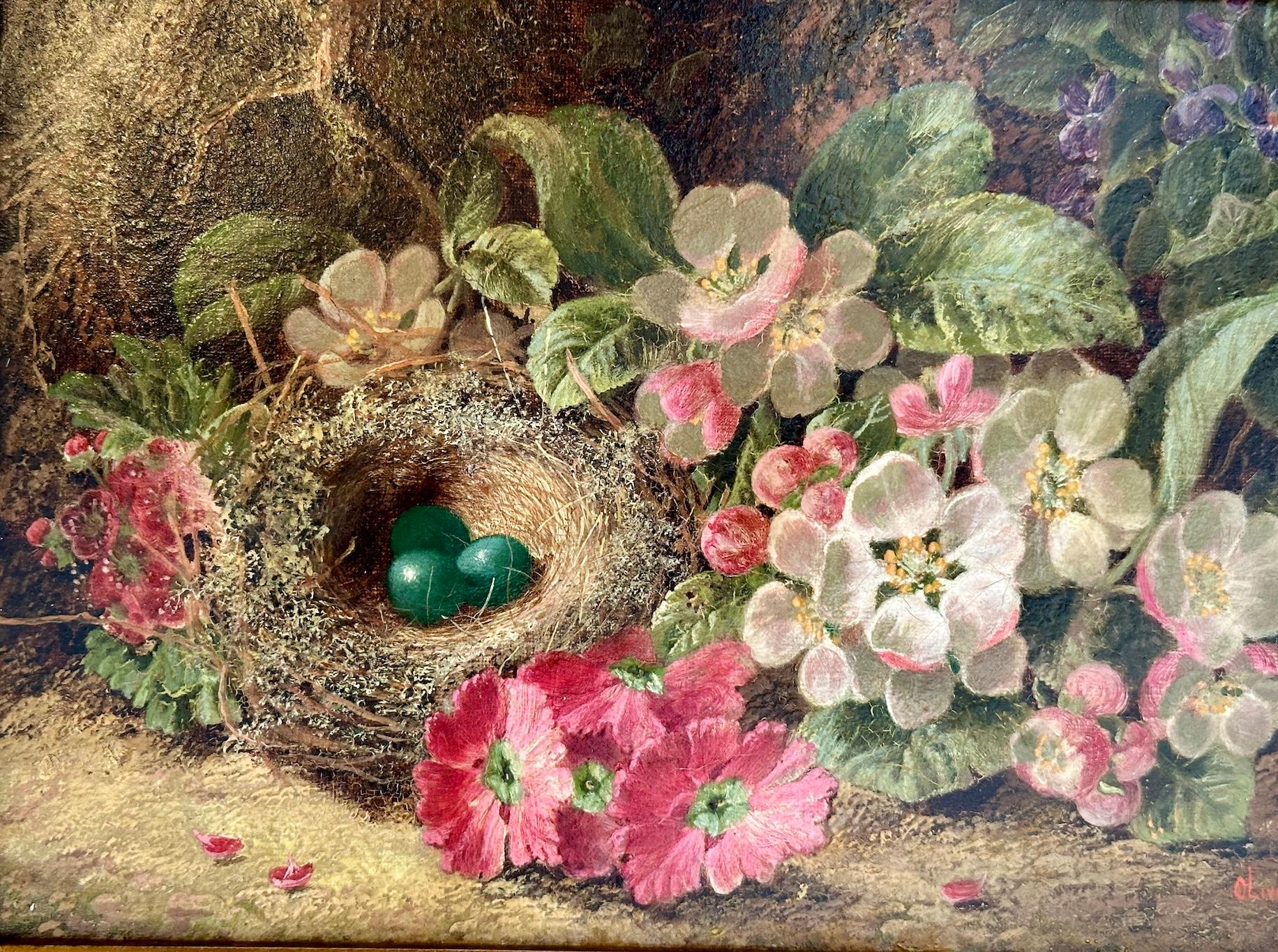 Coppia di nature morte vittoriane di frutta e fiori su un paesaggio di argini muschiosi - Painting Vittoriano di Oliver Clare