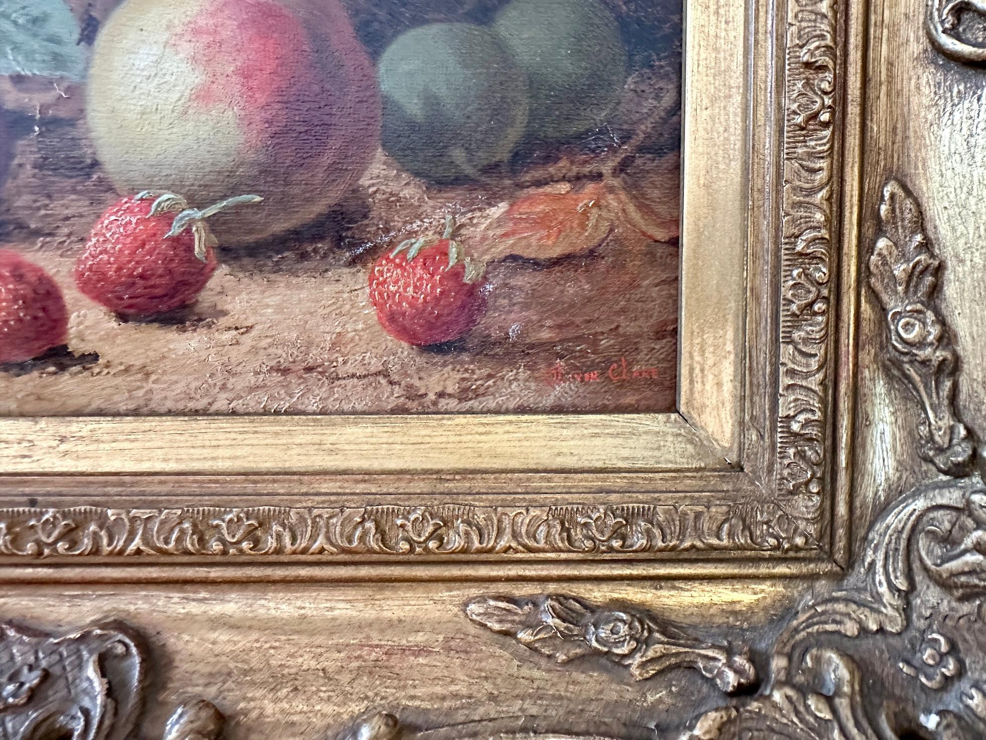 Coppia di nature morte vittoriane di frutta e fiori su un paesaggio di argini muschiosi 1