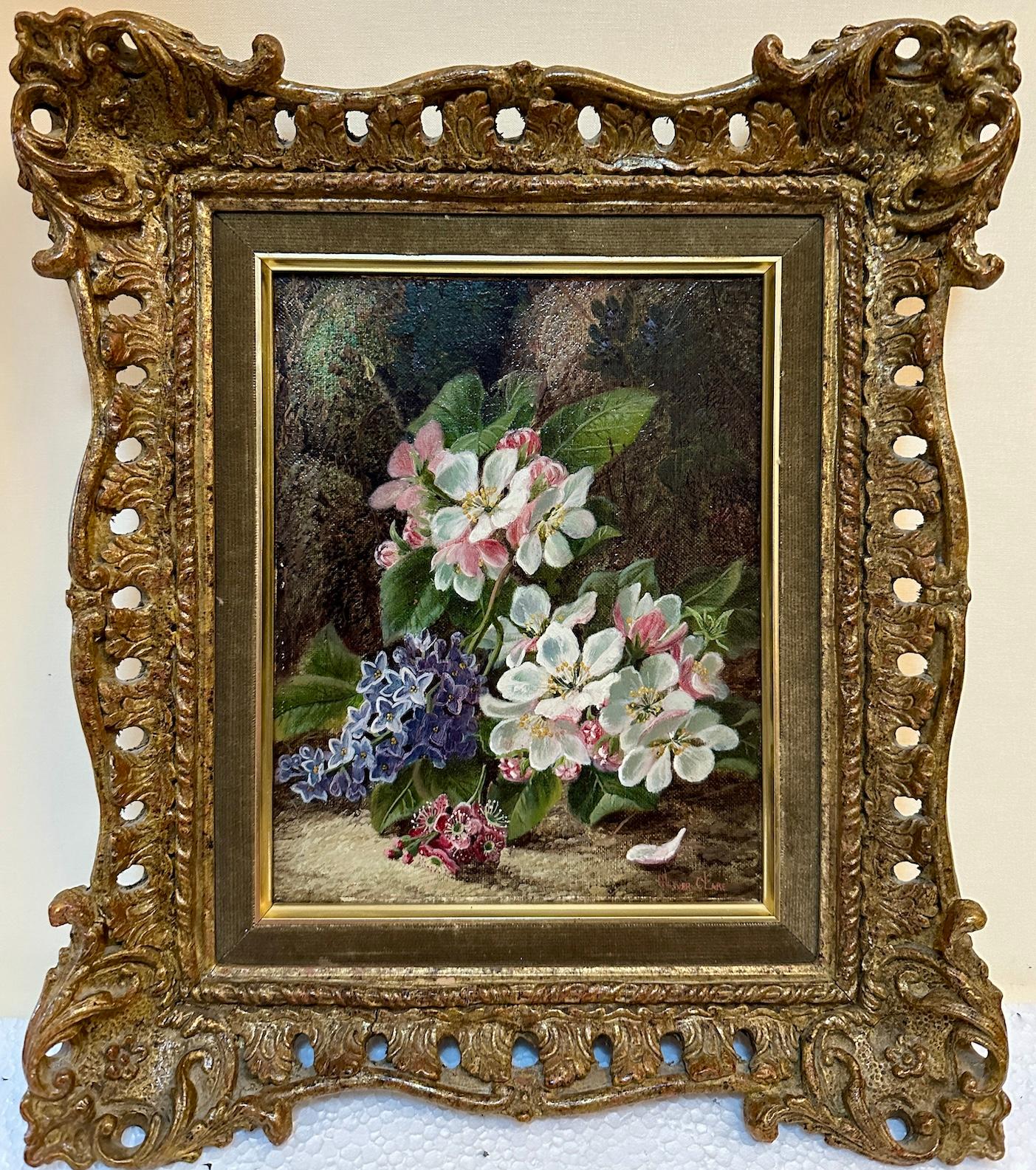 Pareja de bodegones victorianos de frutas y flores en un paisaje de ribera musgosa - Still-Life Painting Marrón de Oliver Clare
