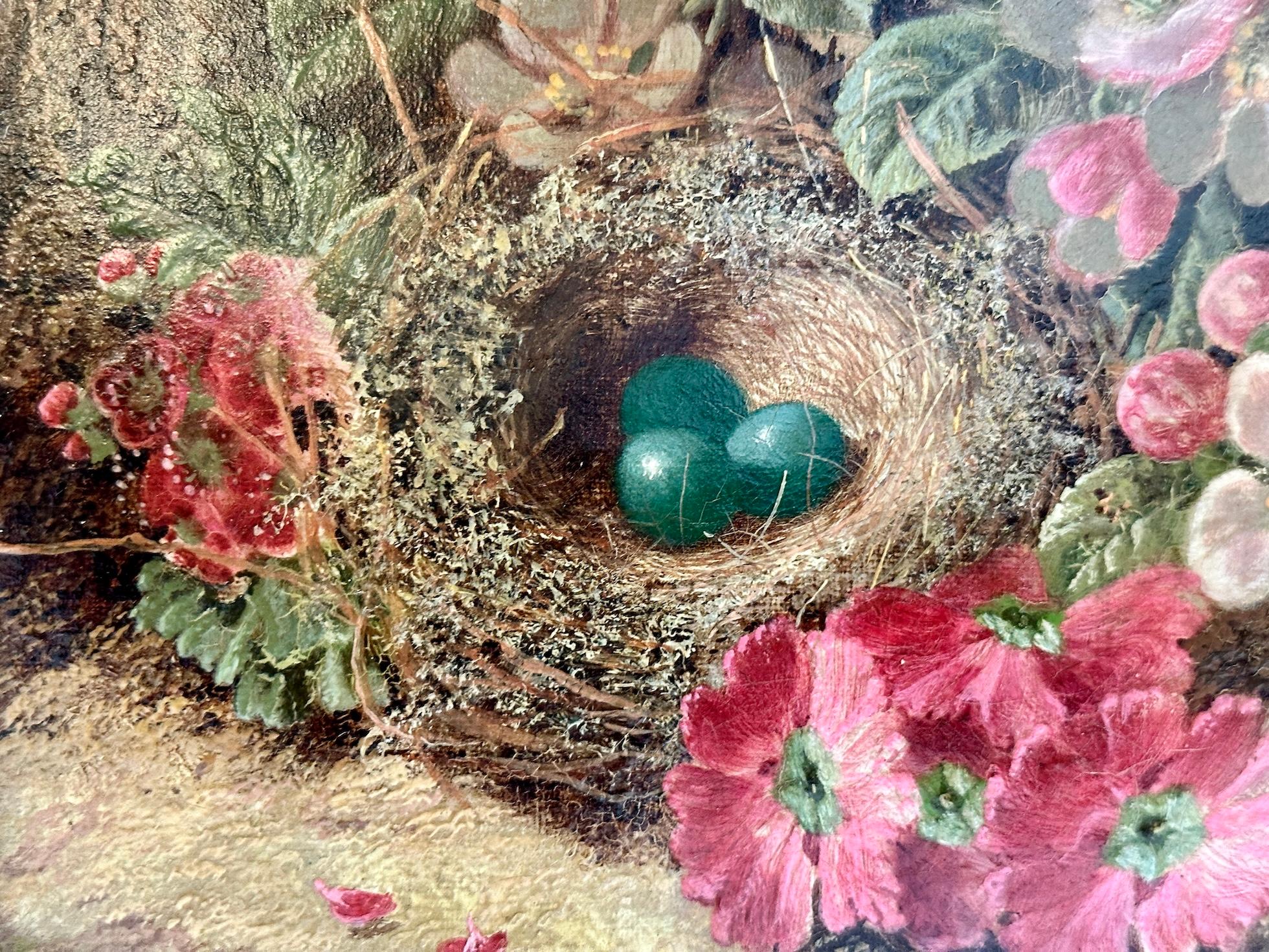 Coppia di nature morte vittoriane di frutta e fiori su un paesaggio di argini muschiosi 2