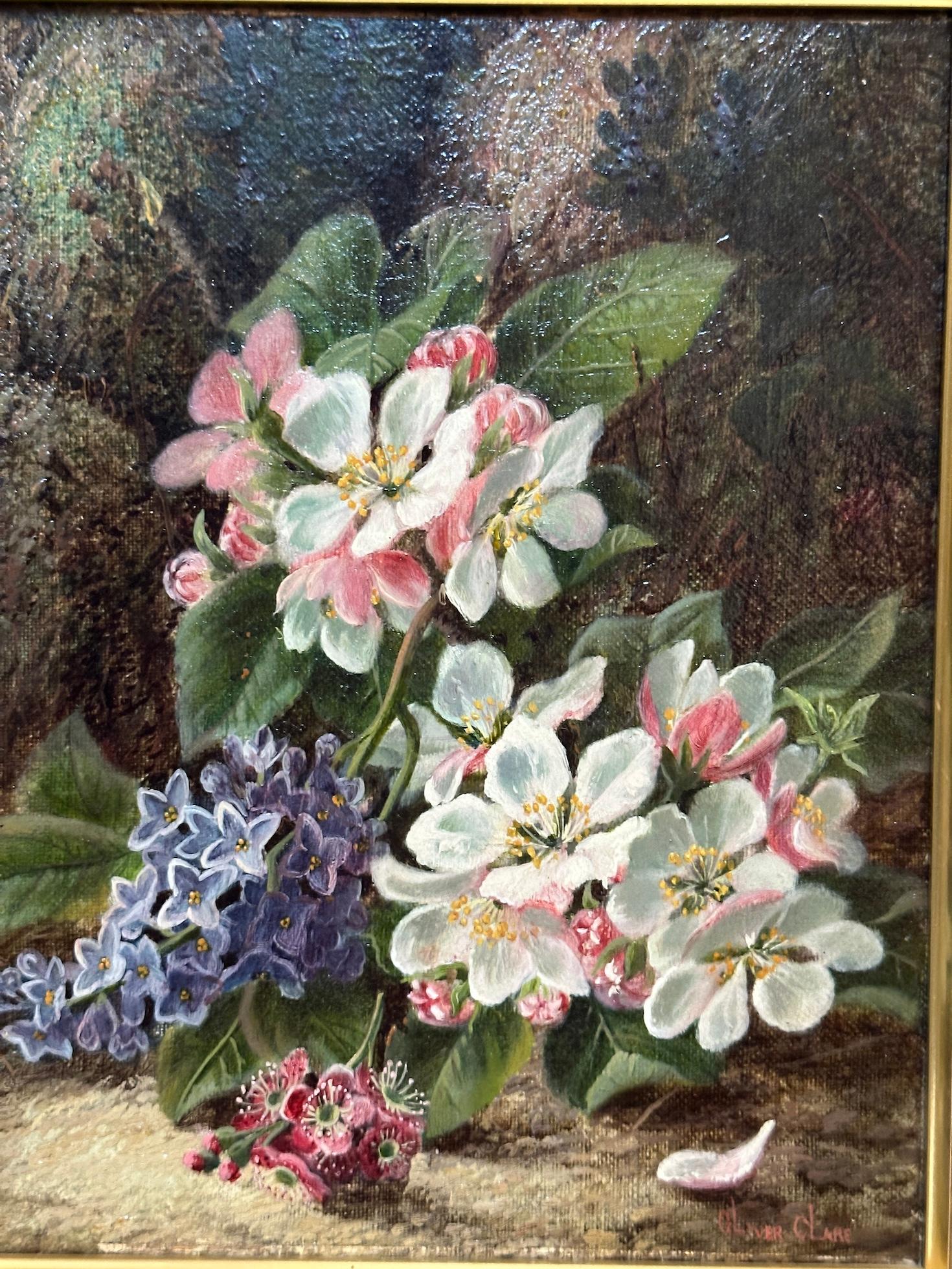 Maravillosa pareja de bodegones victorianos finamente pintados por Oliver Clare. 

Este exquisito cuadro del célebre artista victoriano inglés Oliver Clare capta maravillosamente un vibrante bodegón de flores en un banco musgoso. La composición es