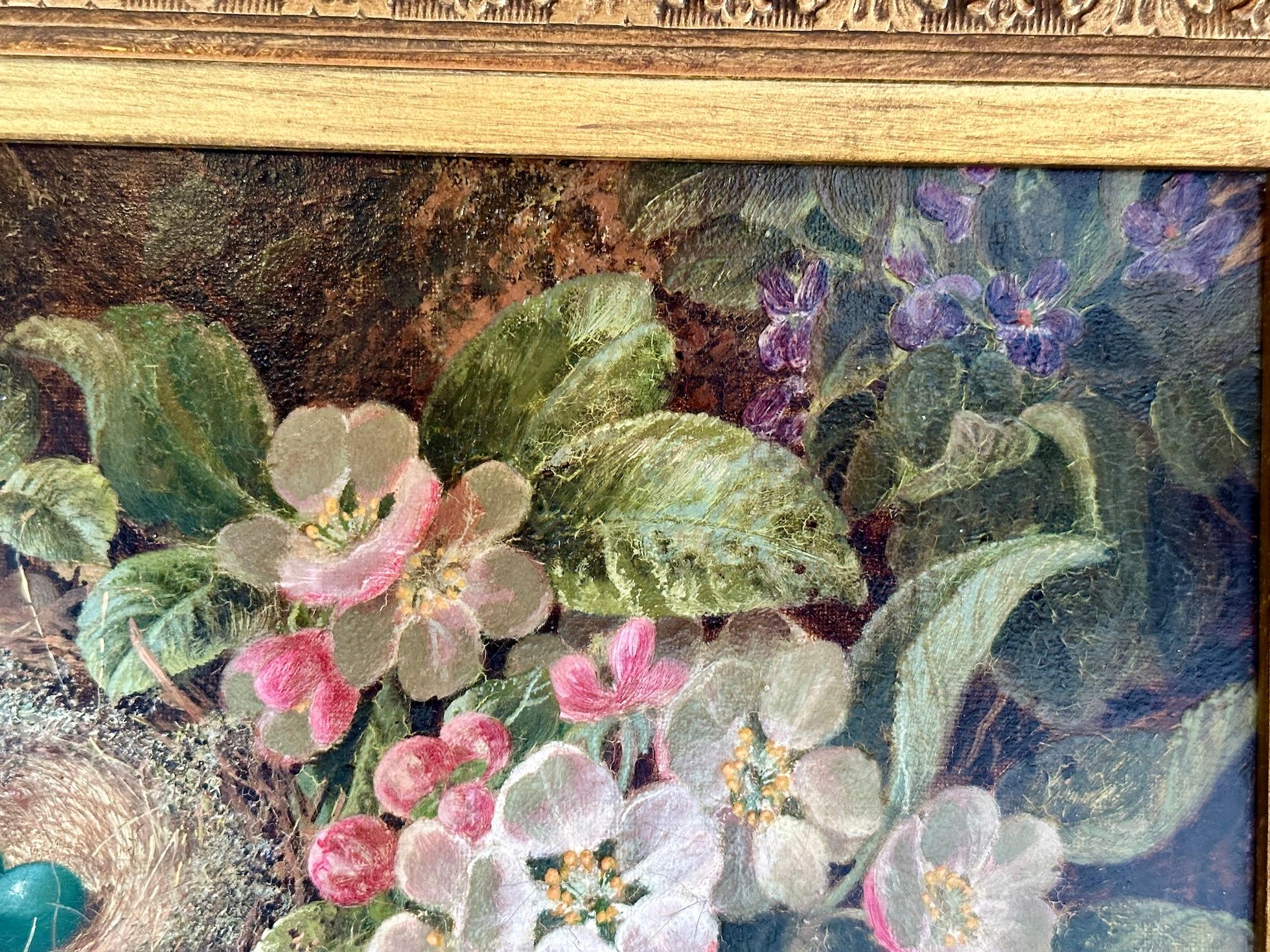 Coppia di nature morte vittoriane di frutta e fiori su un paesaggio di argini muschiosi 3