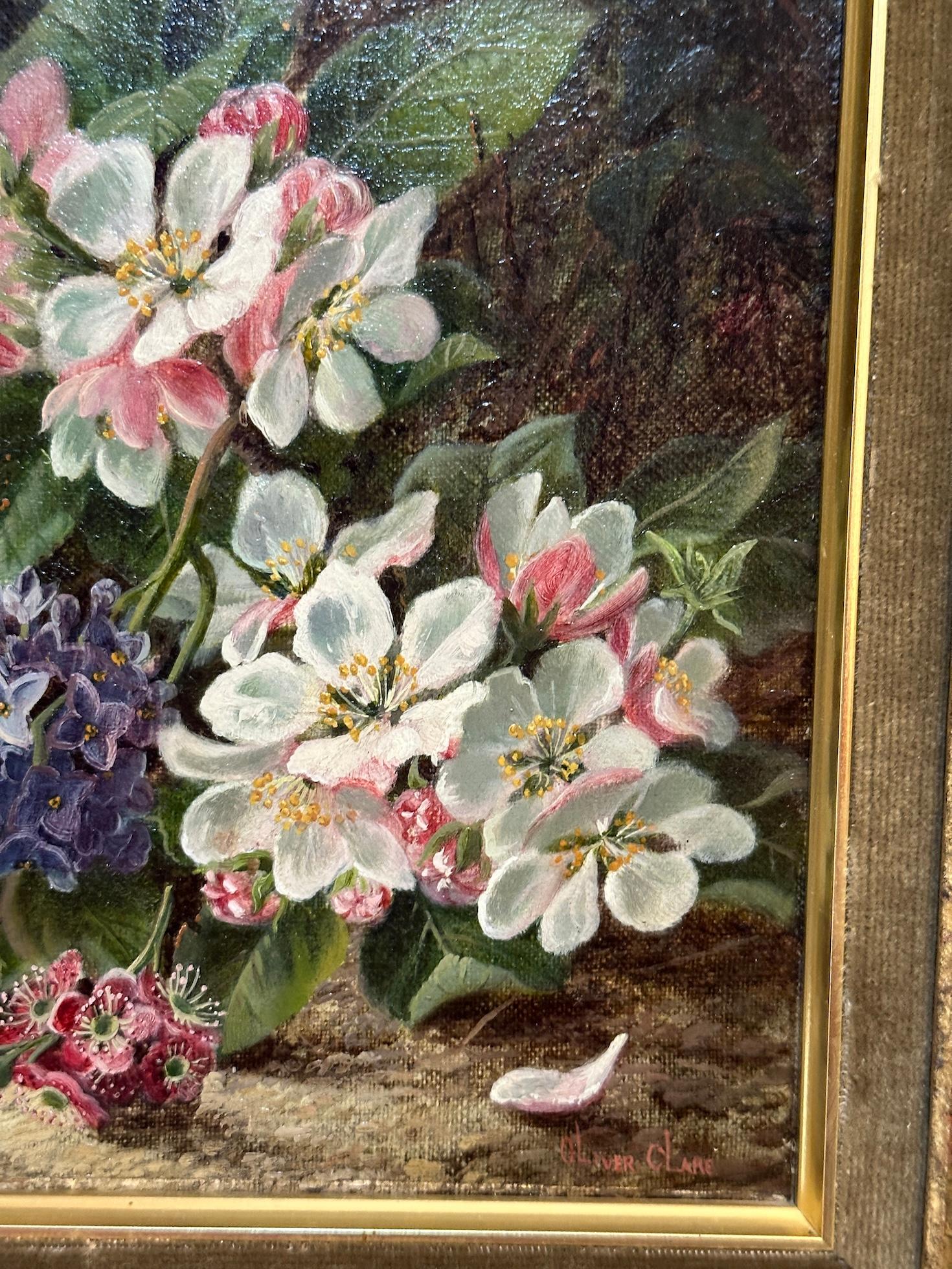 Pareja de bodegones victorianos de frutas y flores en un paisaje de ribera musgosa 1