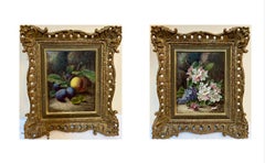 Antique Pair of Victorian still lives of fruit and flowers on a mossy bank landscape
