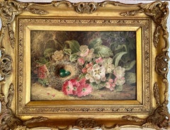 Antique Pair of Victorian still lives of fruit and flowers on a mossy bank landscape