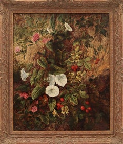 Natura morta con fiori e frutta su una riva ricoperta di muschio, dipinto vittoriano del XIX secolo.