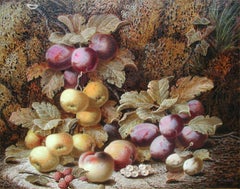 Nature morte aux prunes, pommes et pêches sur une rive moussue