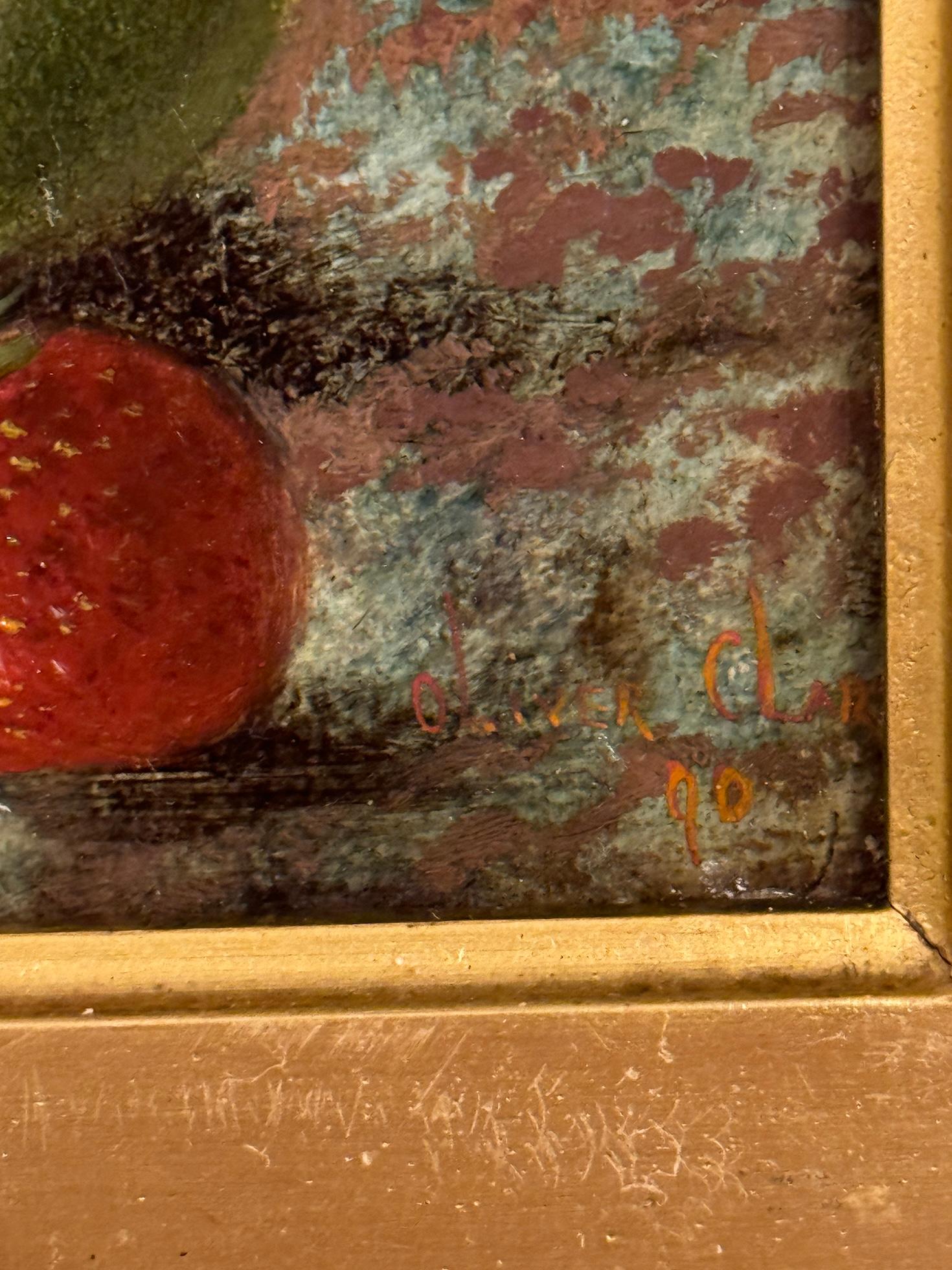 Victorian still lives of fruit and Plums on a mossy bank landscape - Brown Landscape Painting by Oliver Clare