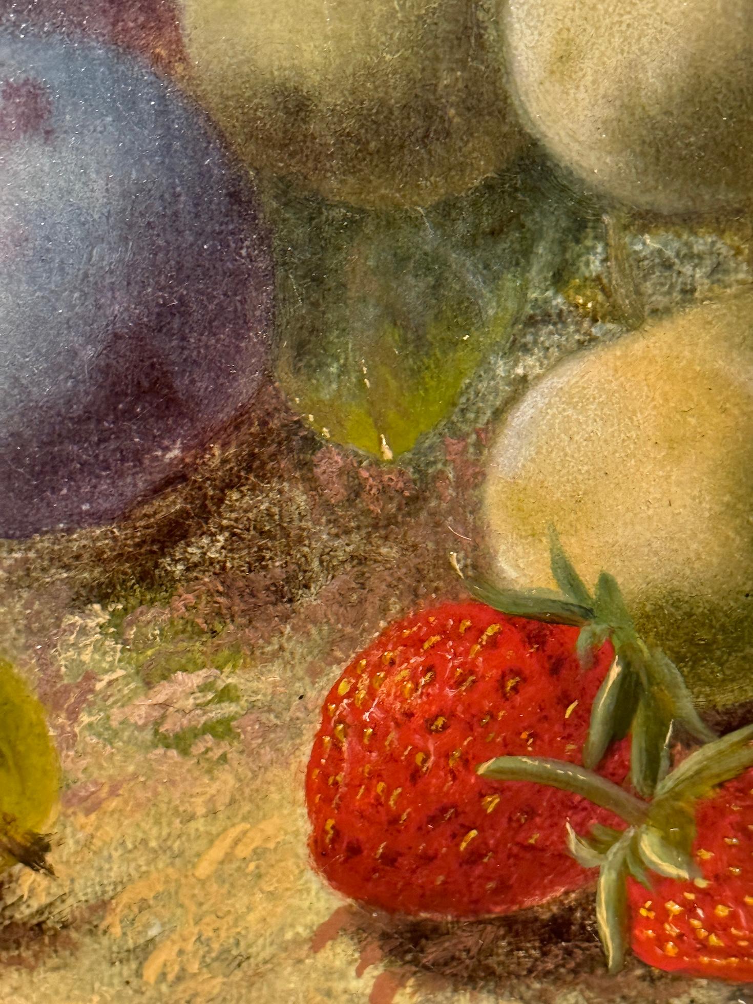 Victorian still lives of fruit and Plums on a mossy bank landscape For Sale 2